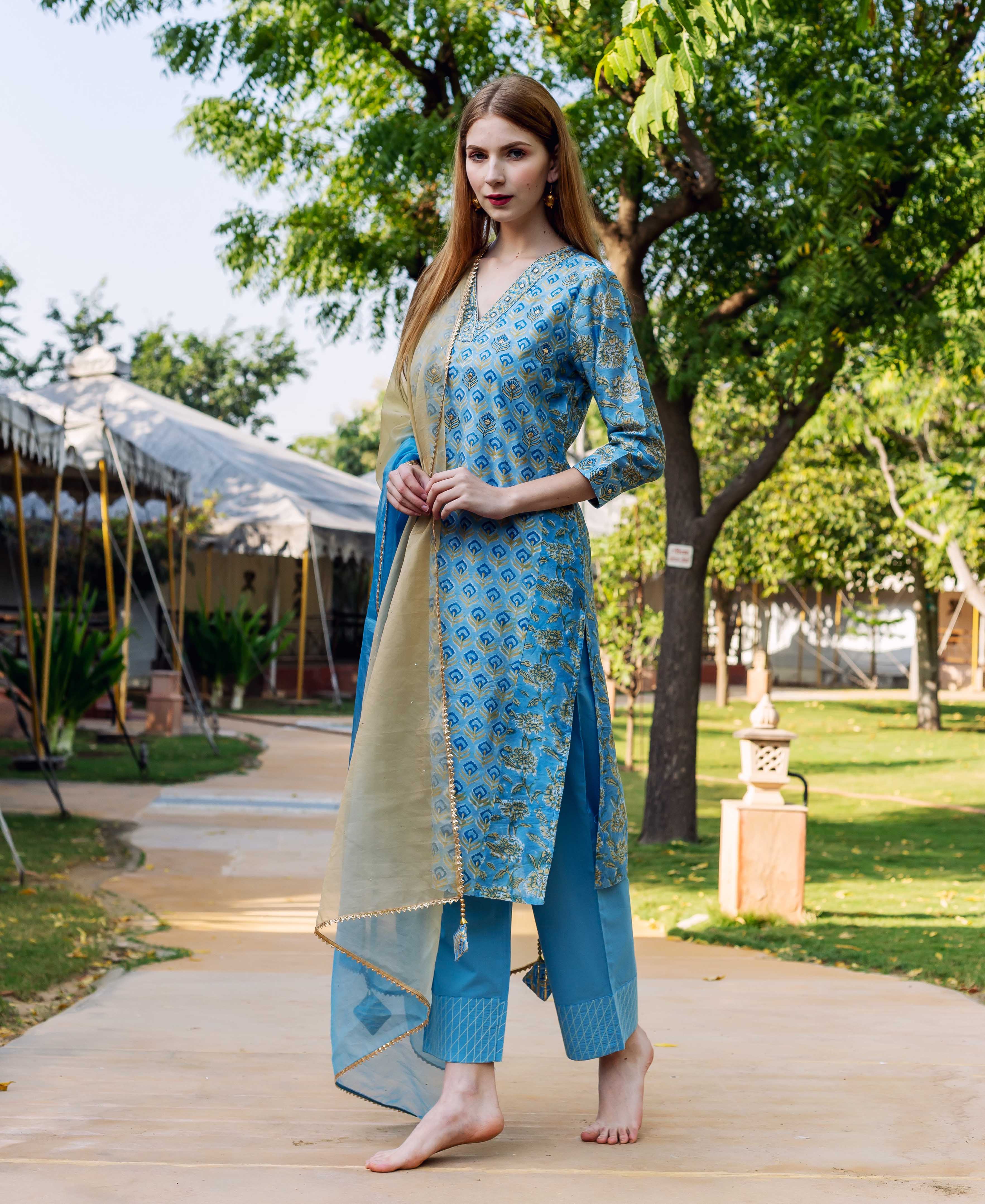 Blue Chanderi hand-block-printed ethnic kurta set with beige dupatta.