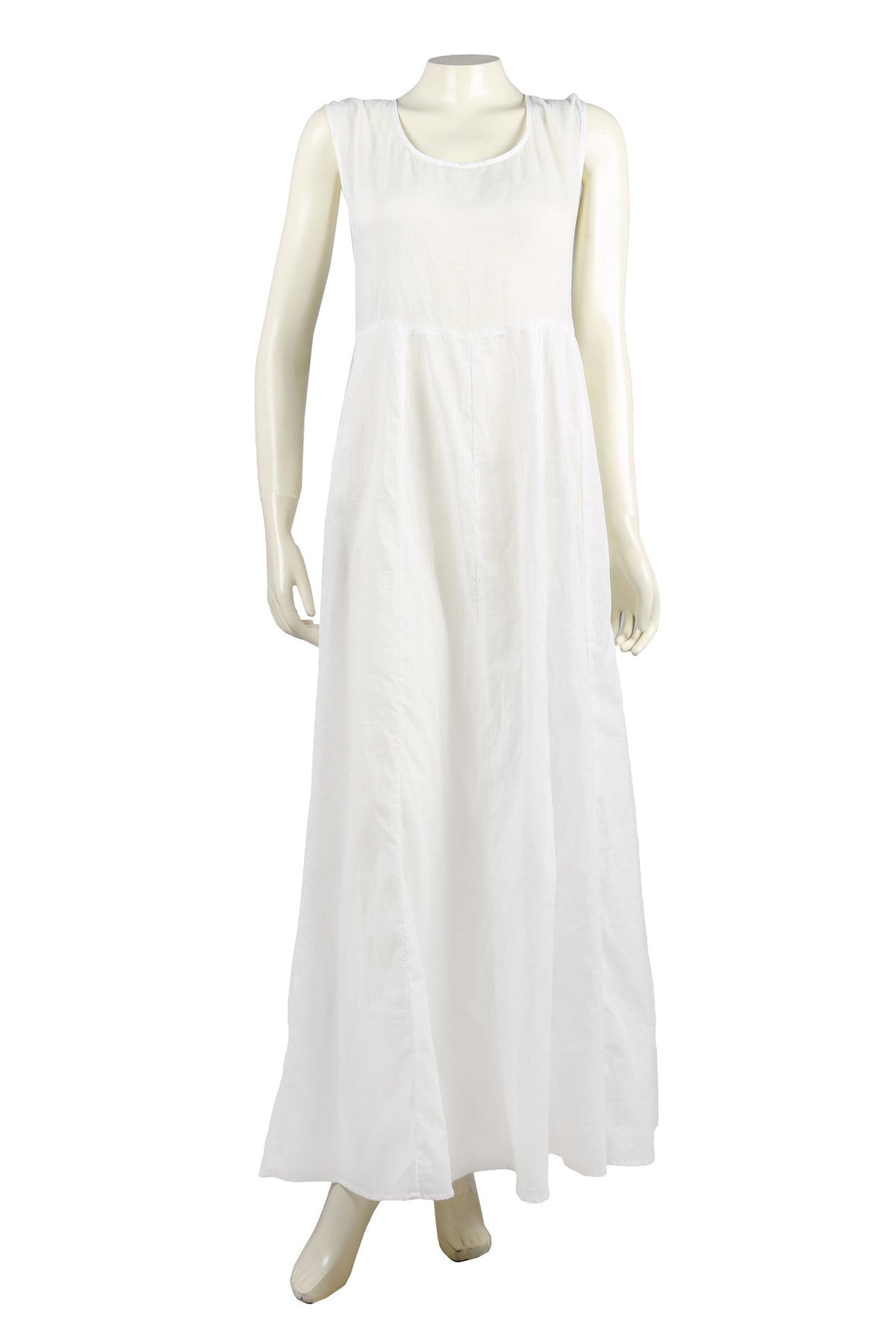 Full front view of a plain white, sleeveless maxi dress on a mannequin.