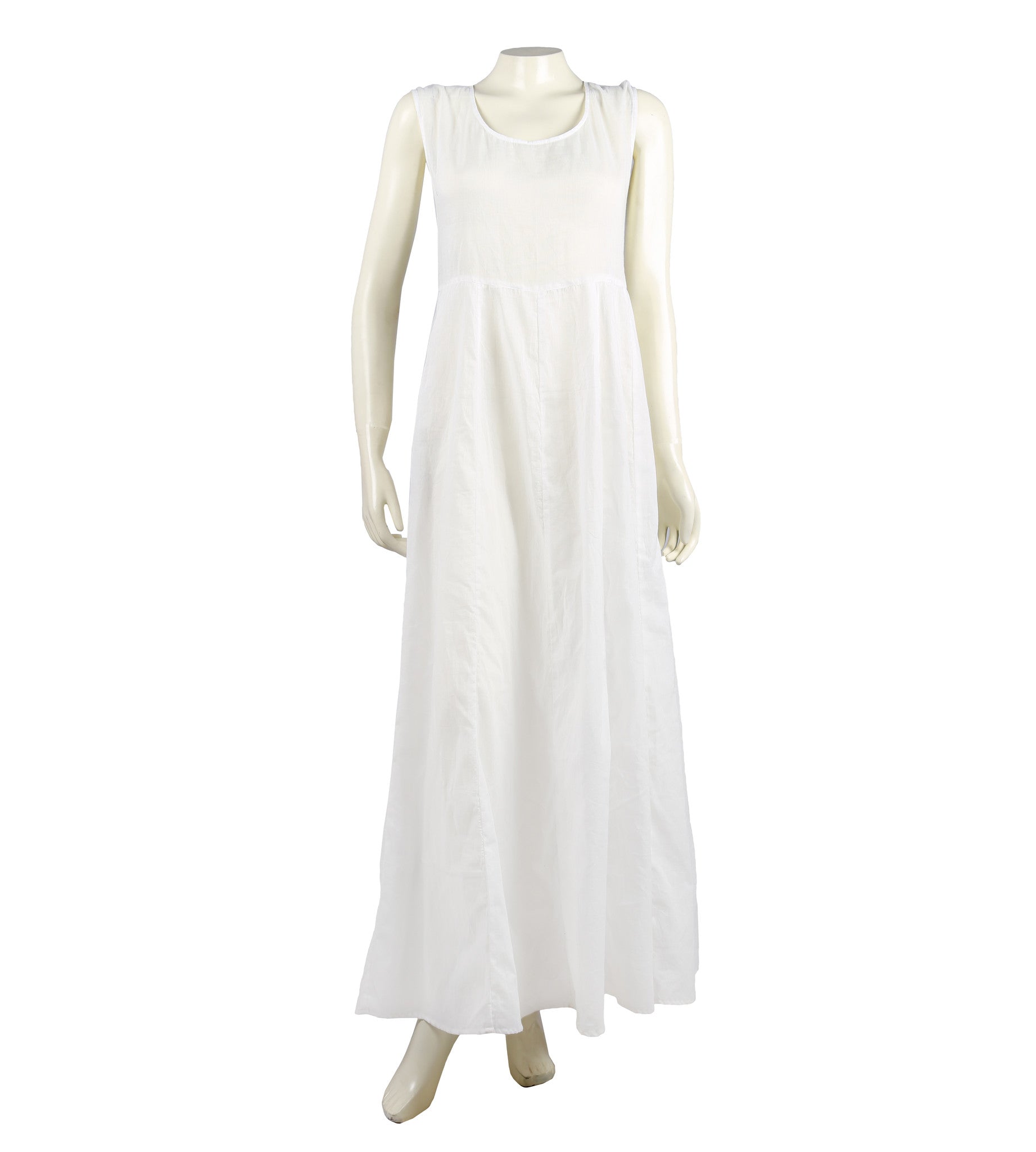 Full front view of a plain white, sleeveless maxi dress on a mannequin.
