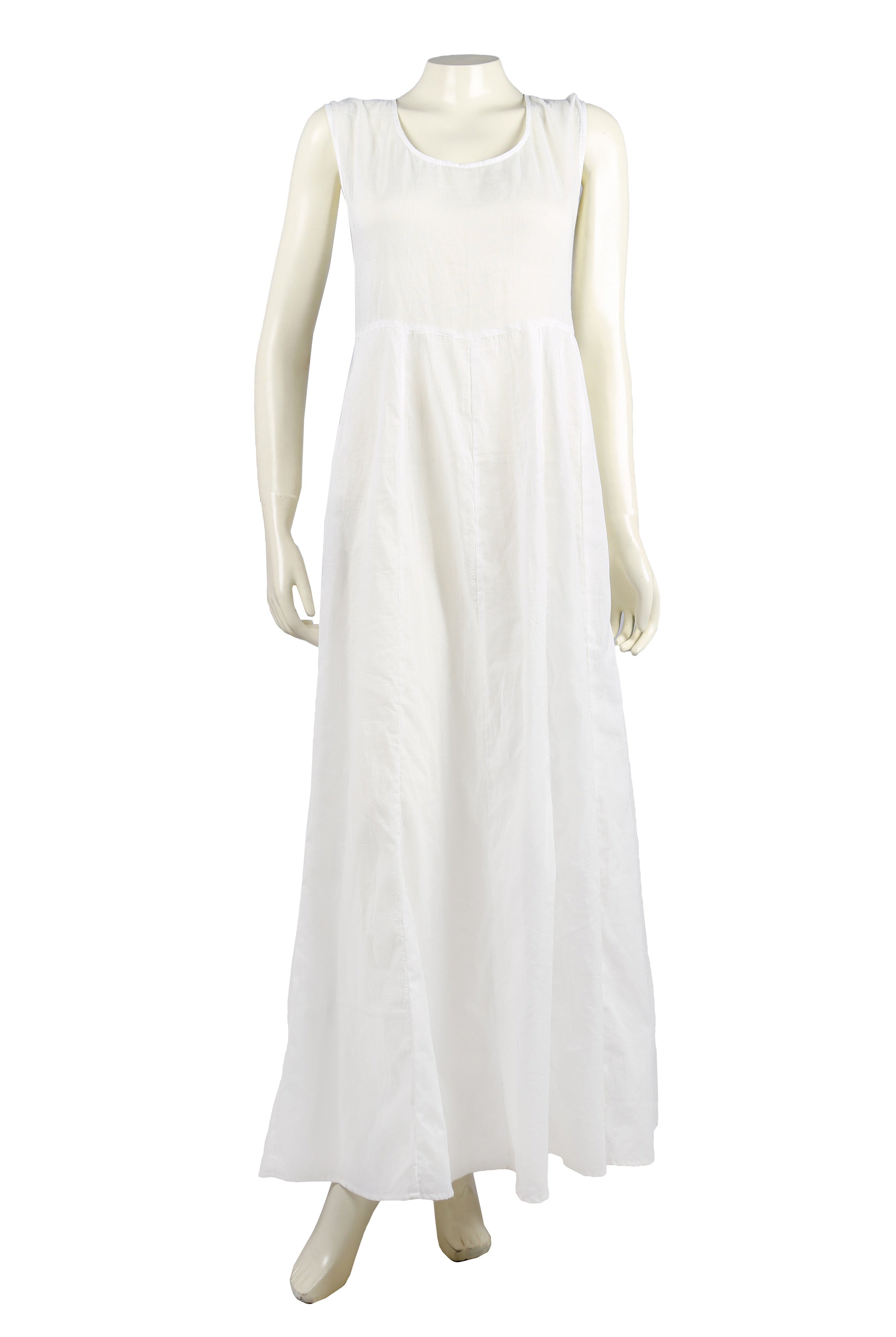 Plain white sleeveless maxi dress on a mannequin, front view.