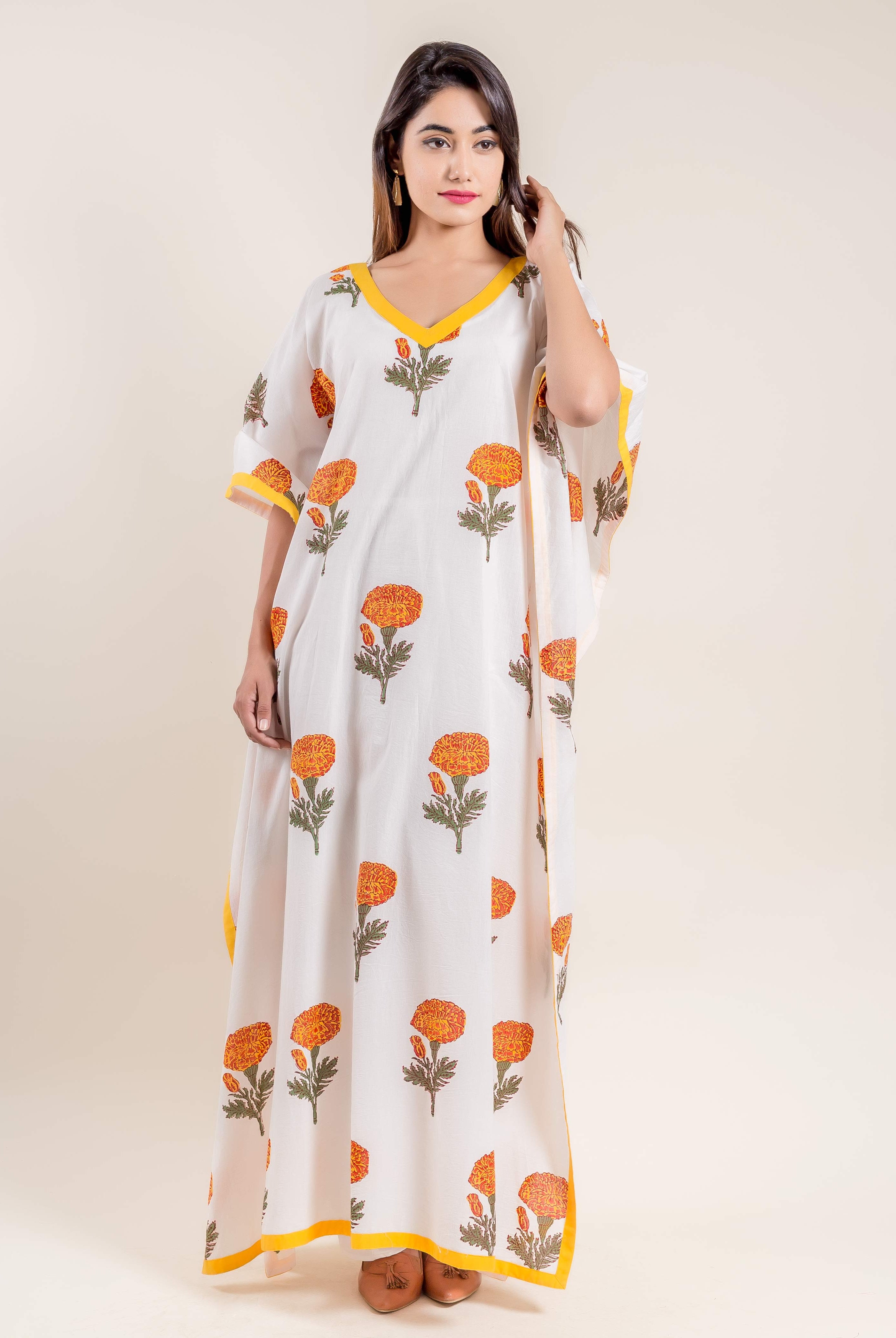 Yellow White Hand Block Printed V Neck Kaftan