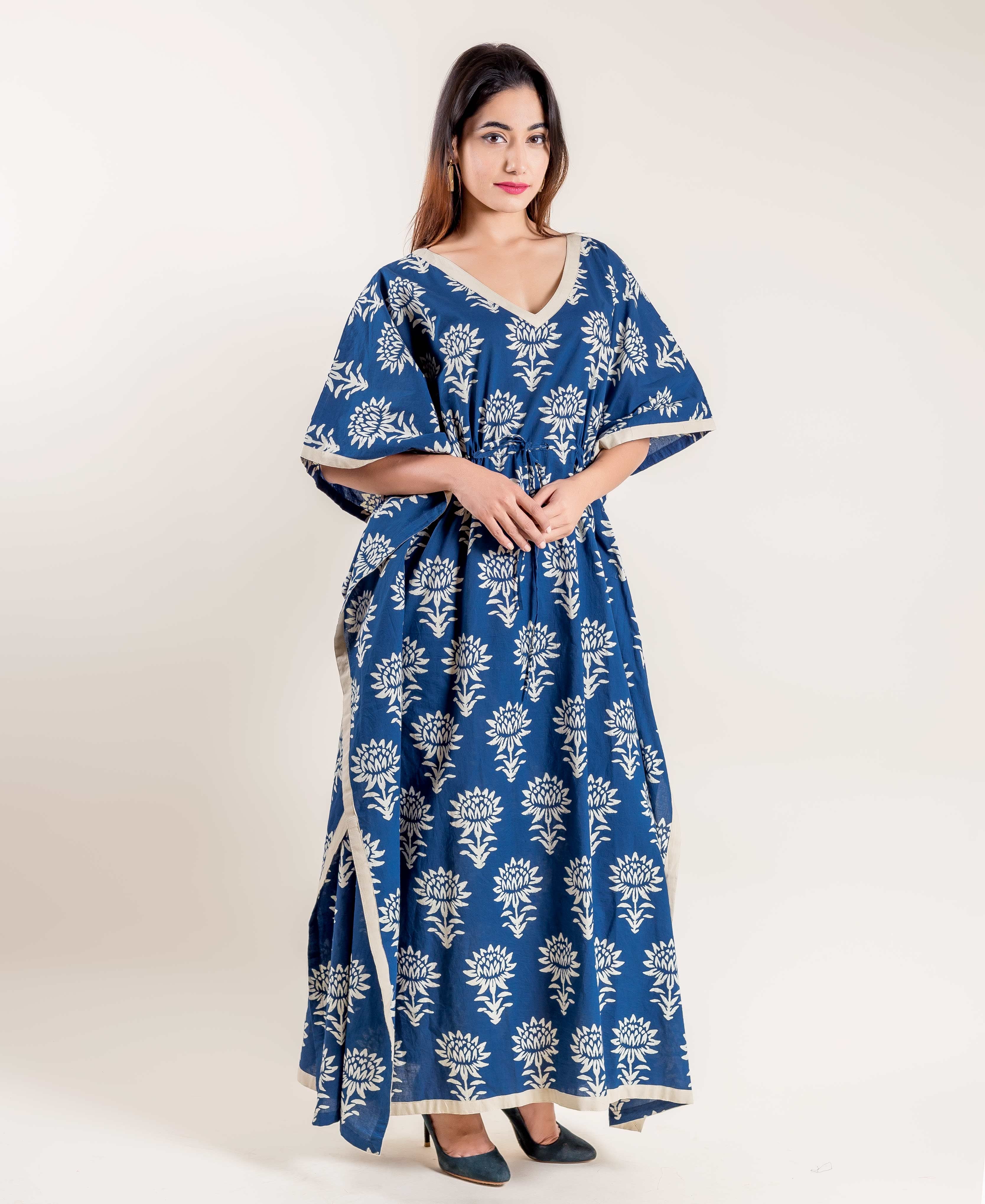 Model in full length indigo blue white floral hand block printed tie-up kaftan.