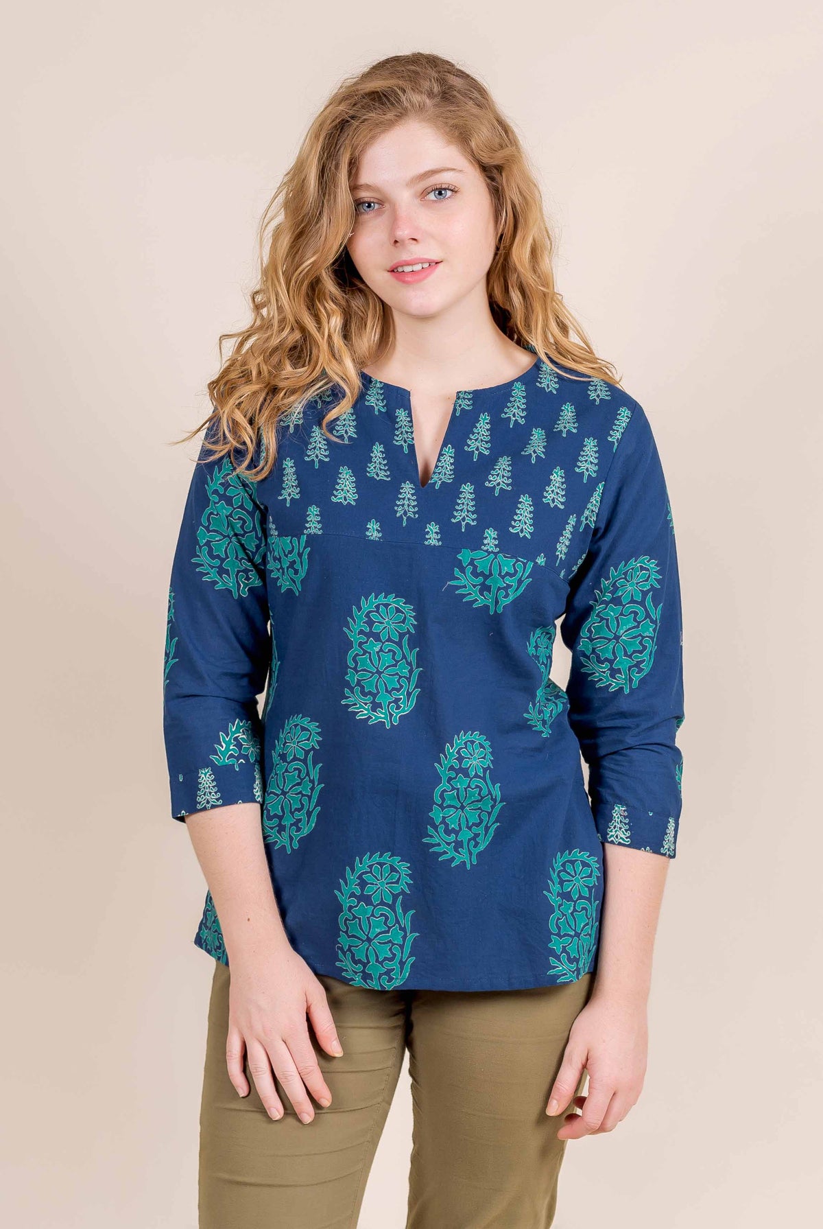 Princess Cut Crew Neck With Classy String And Beads Block Printed Short Kurta Top