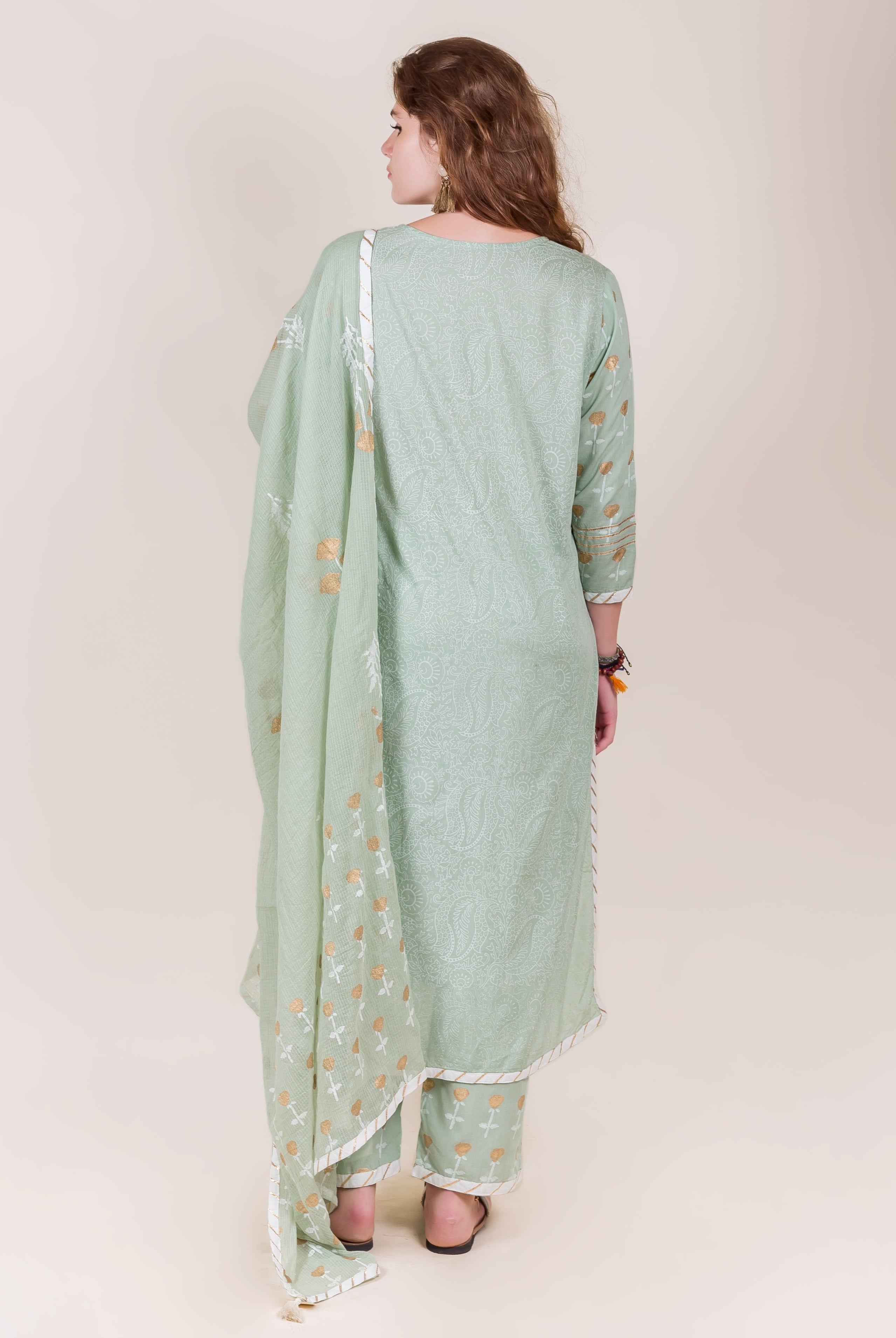 Back view of a model in a mint green cotton kurta set with subtle hand-block print.