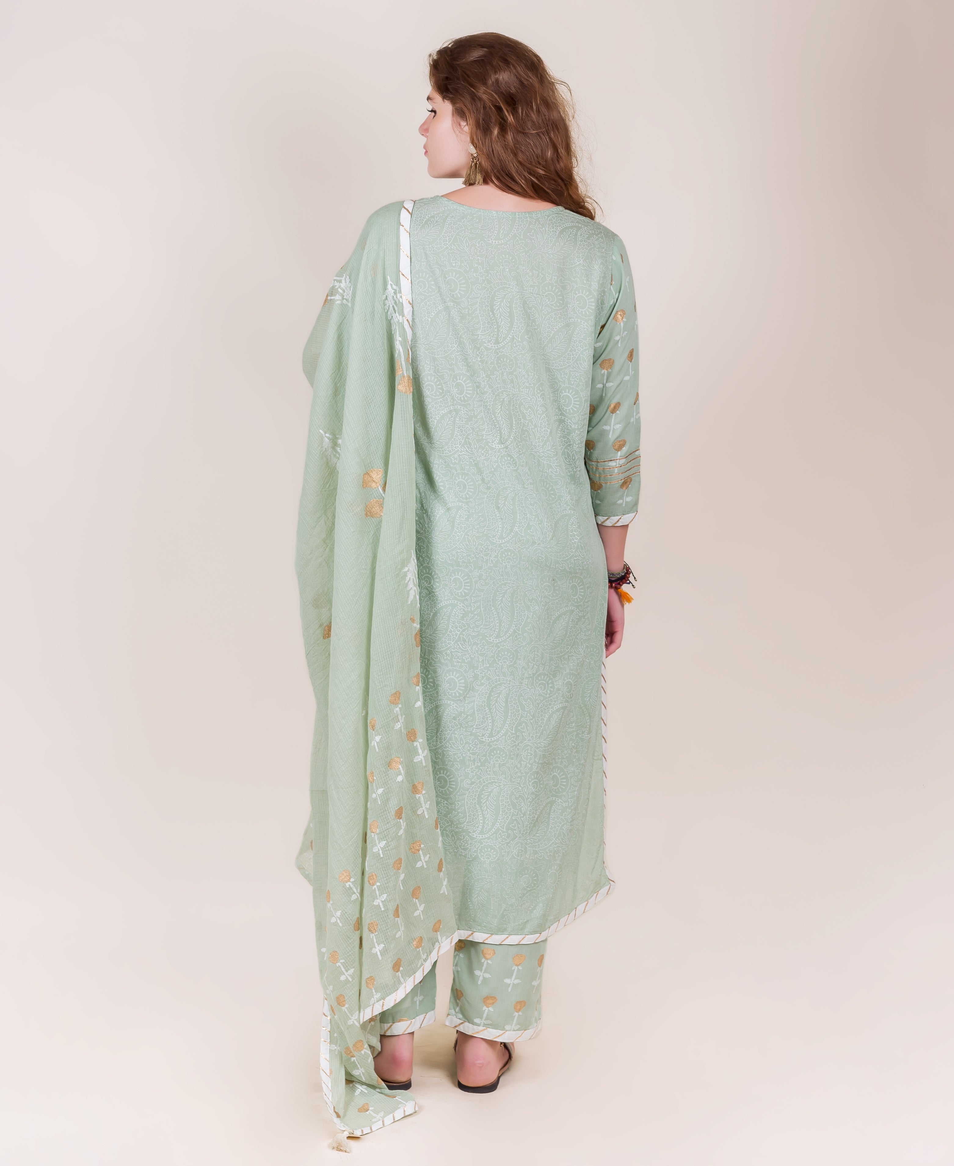 Back view of a model in a mint green cotton kurta set with subtle hand-block print.