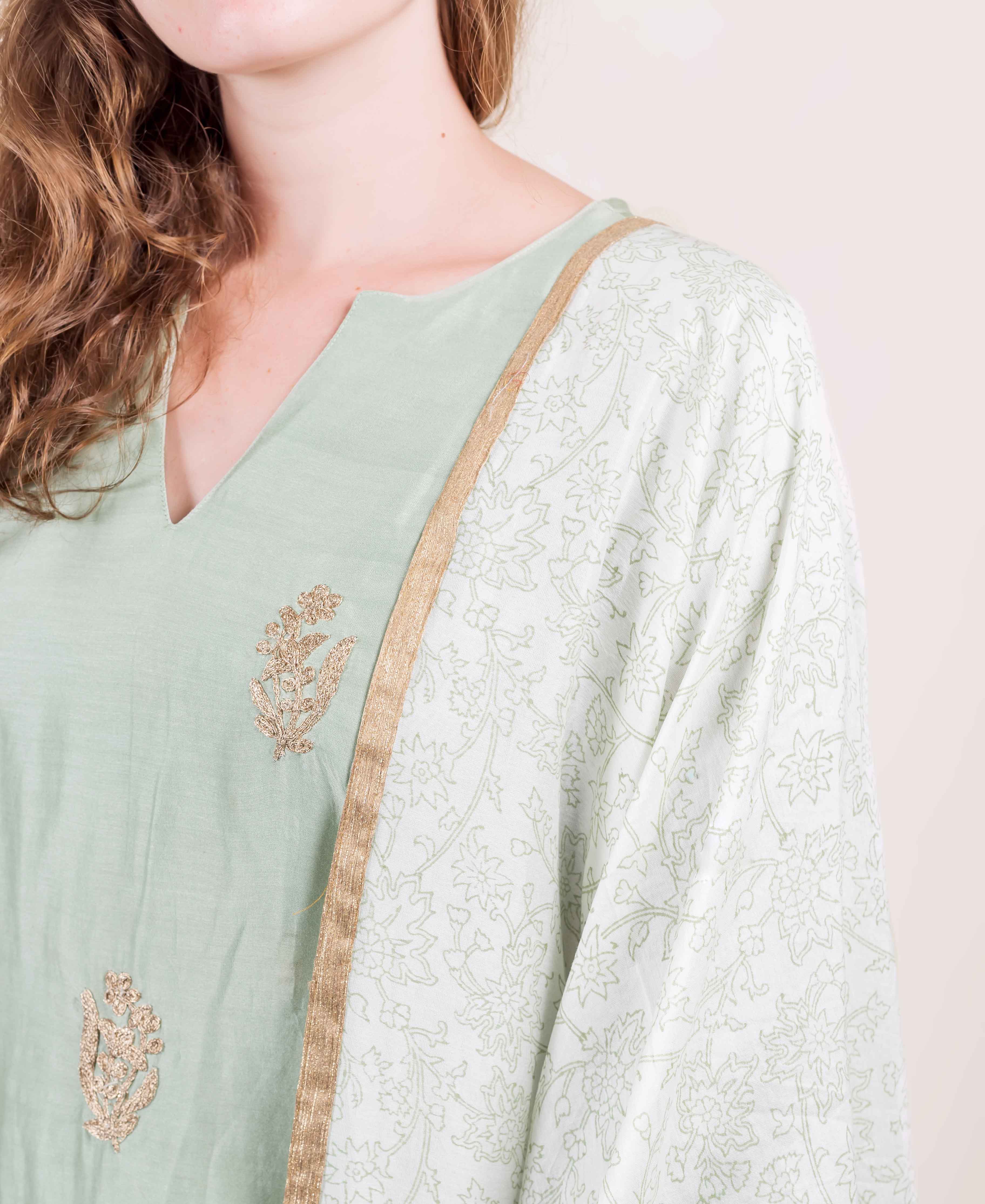 Close-up of model wearing mint green embroidered kurta and ivory block-printed dupatta.