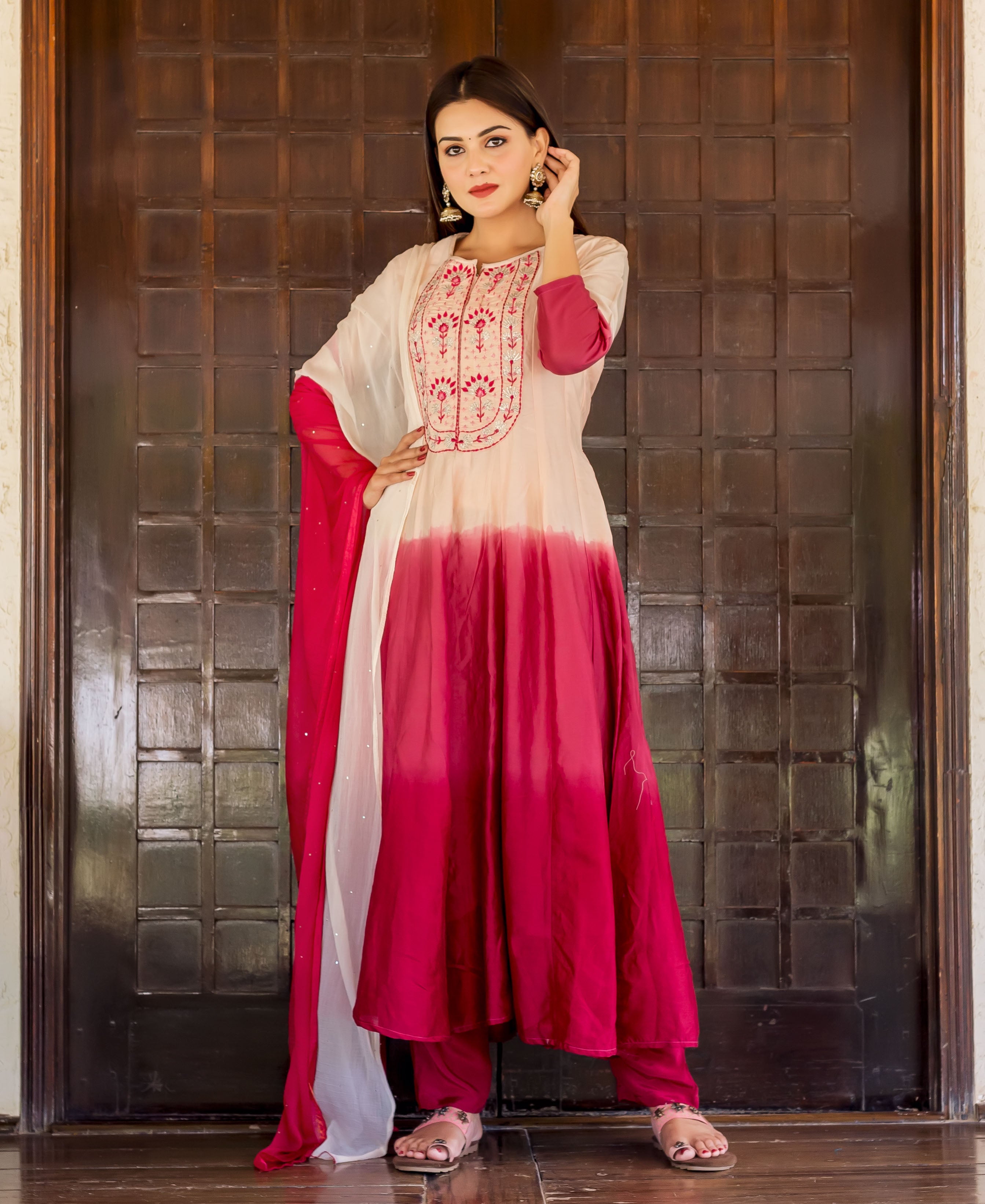 Full-length shot: model in salmon and burgundy ombre Anarkali kurta with delicate thread embroidery.