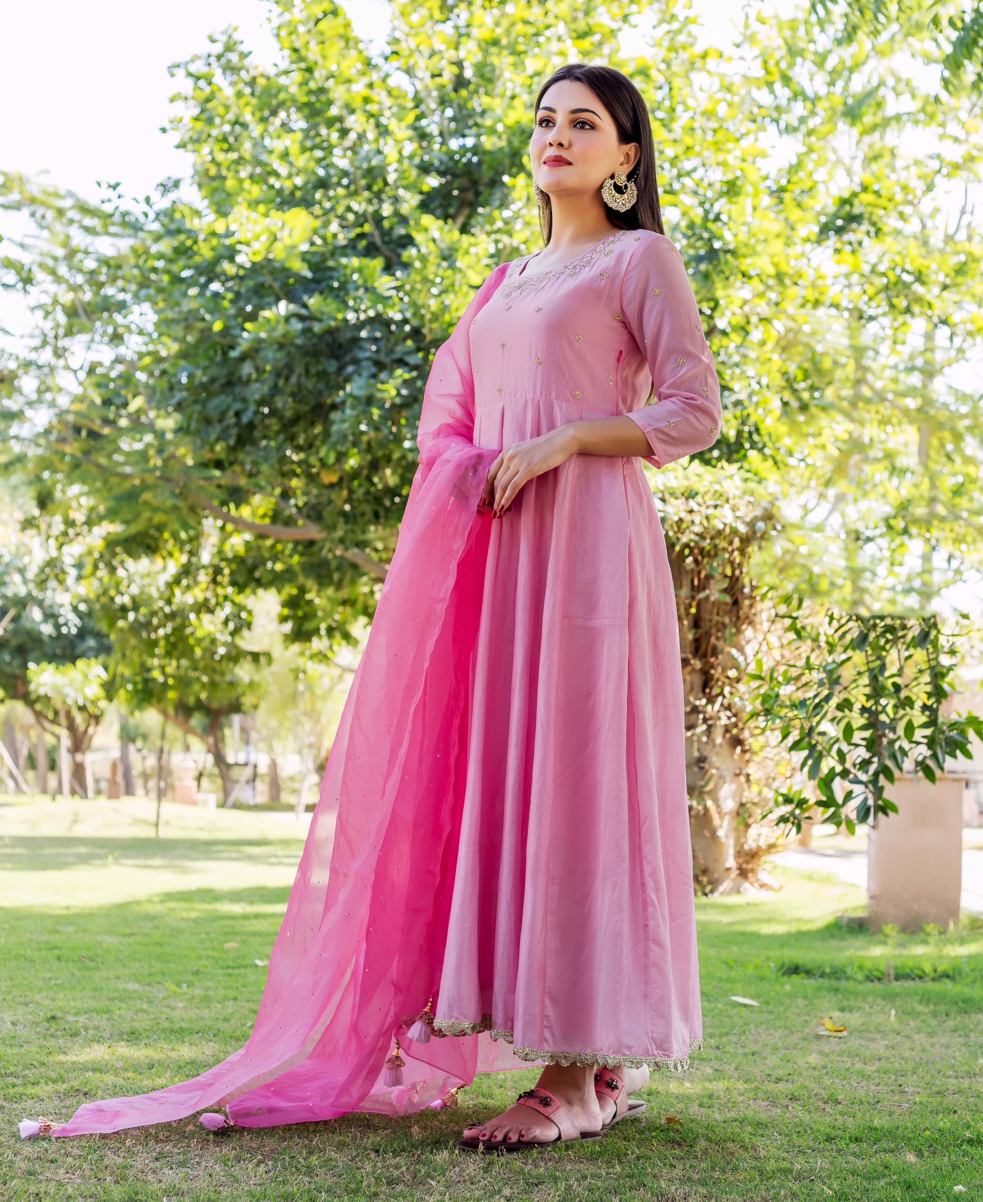 Blush pink embroidered Anarkali dress with sheer dupatta, shown full-length on a model.