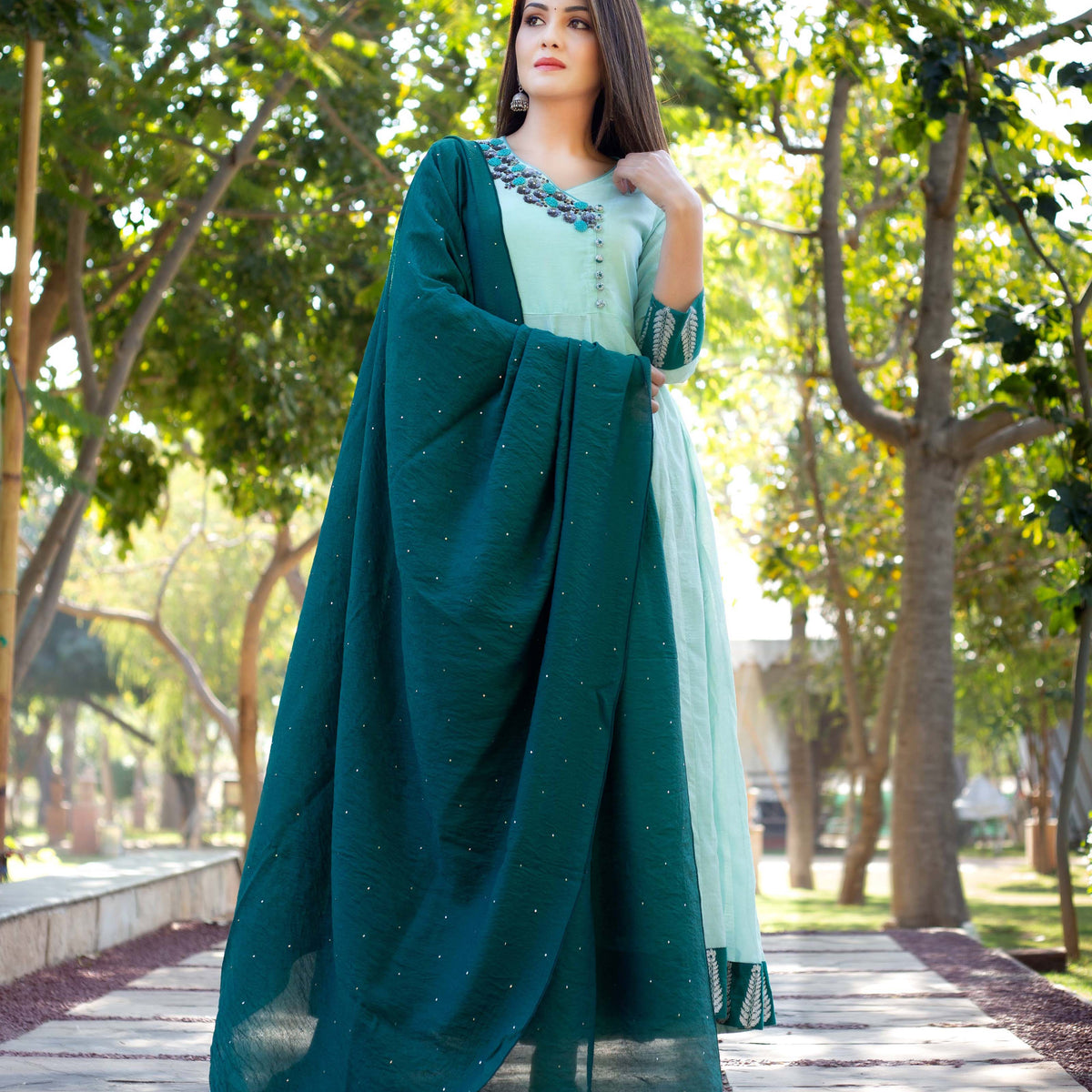mint green color combination dress Mint Green Dress with Open Sleeves and Waist Detail