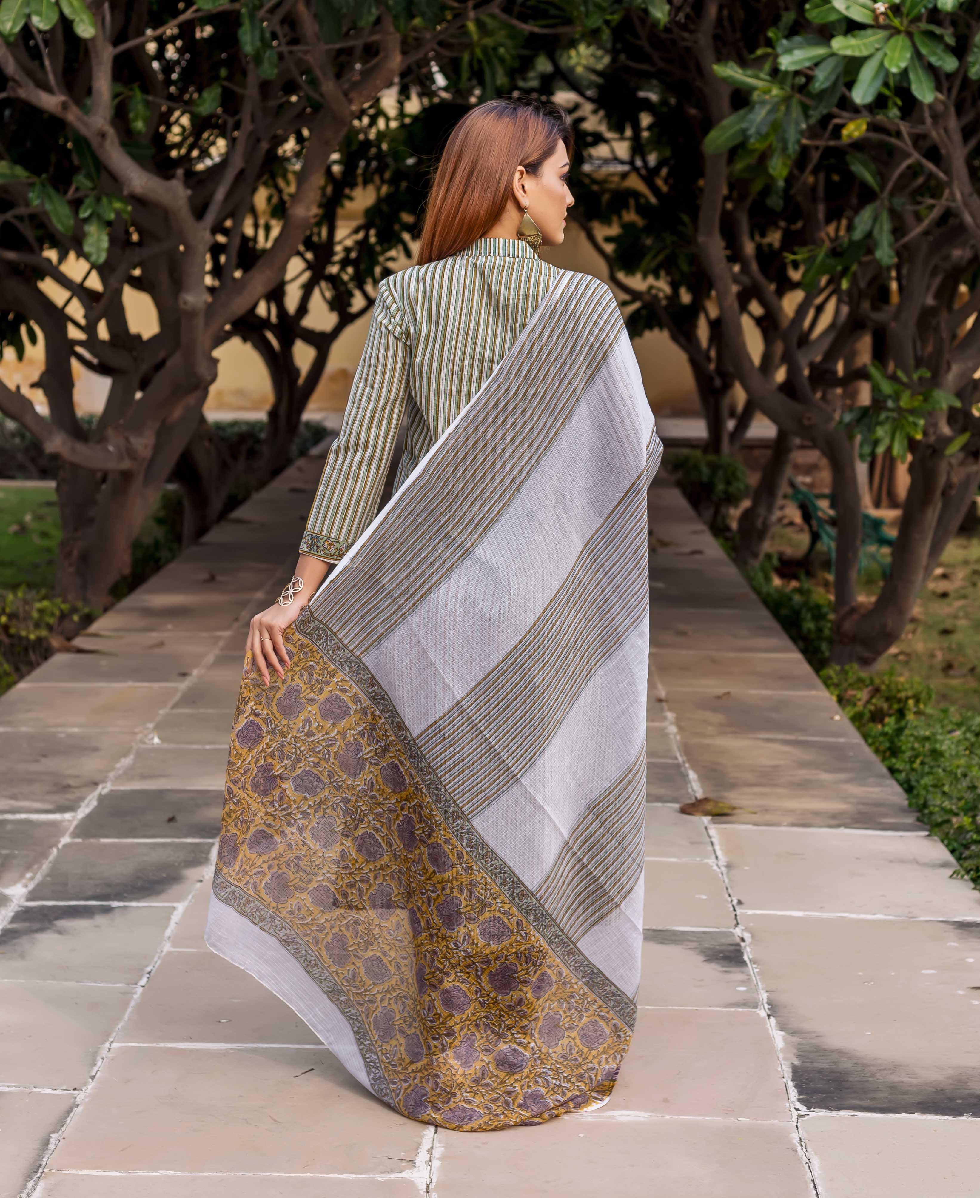 Model from back, wearing olive green striped kurta with white and mustard block-printed dupatta.