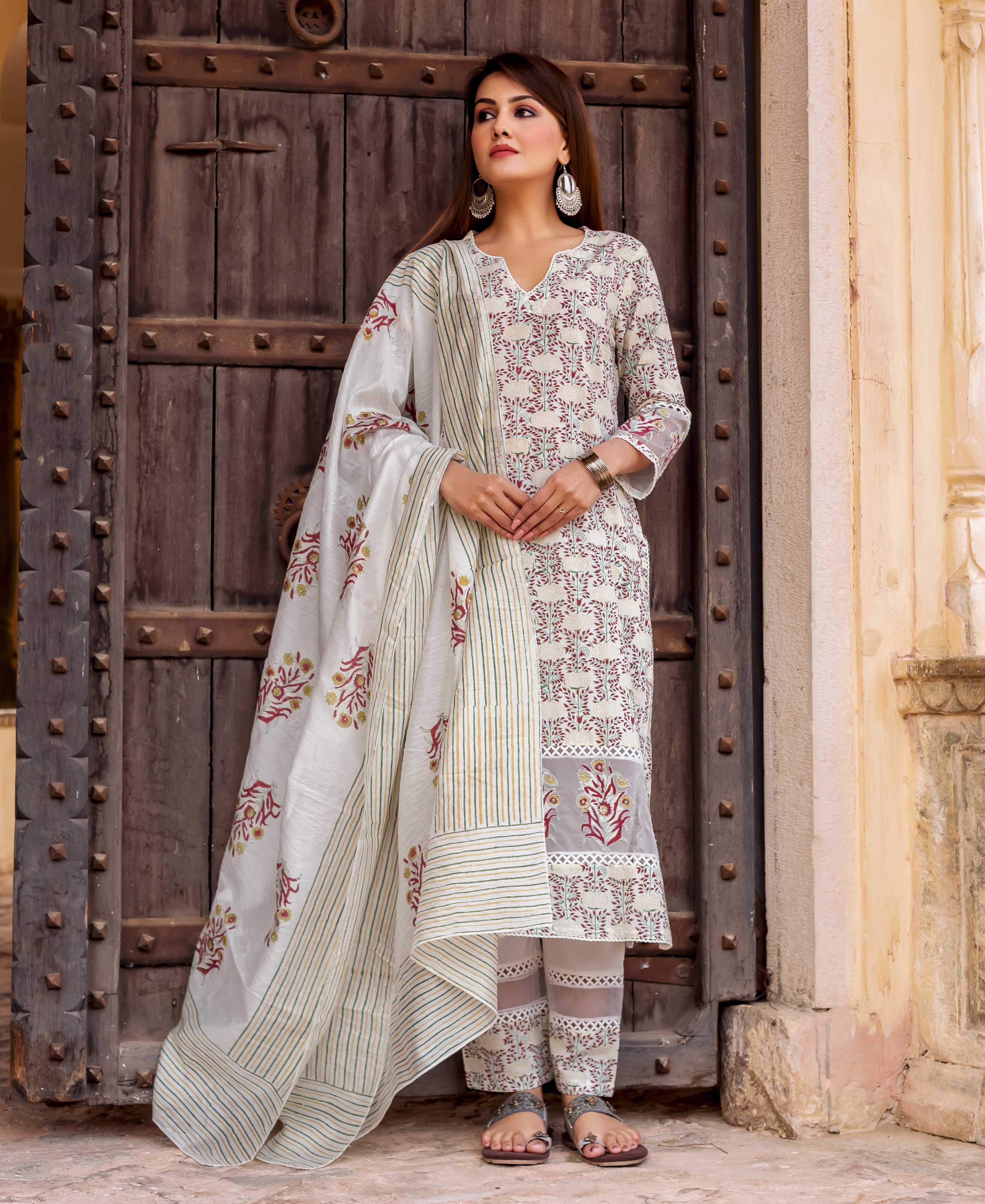 Full shot: Model in off-white block-printed and embroidered straight kurta set.