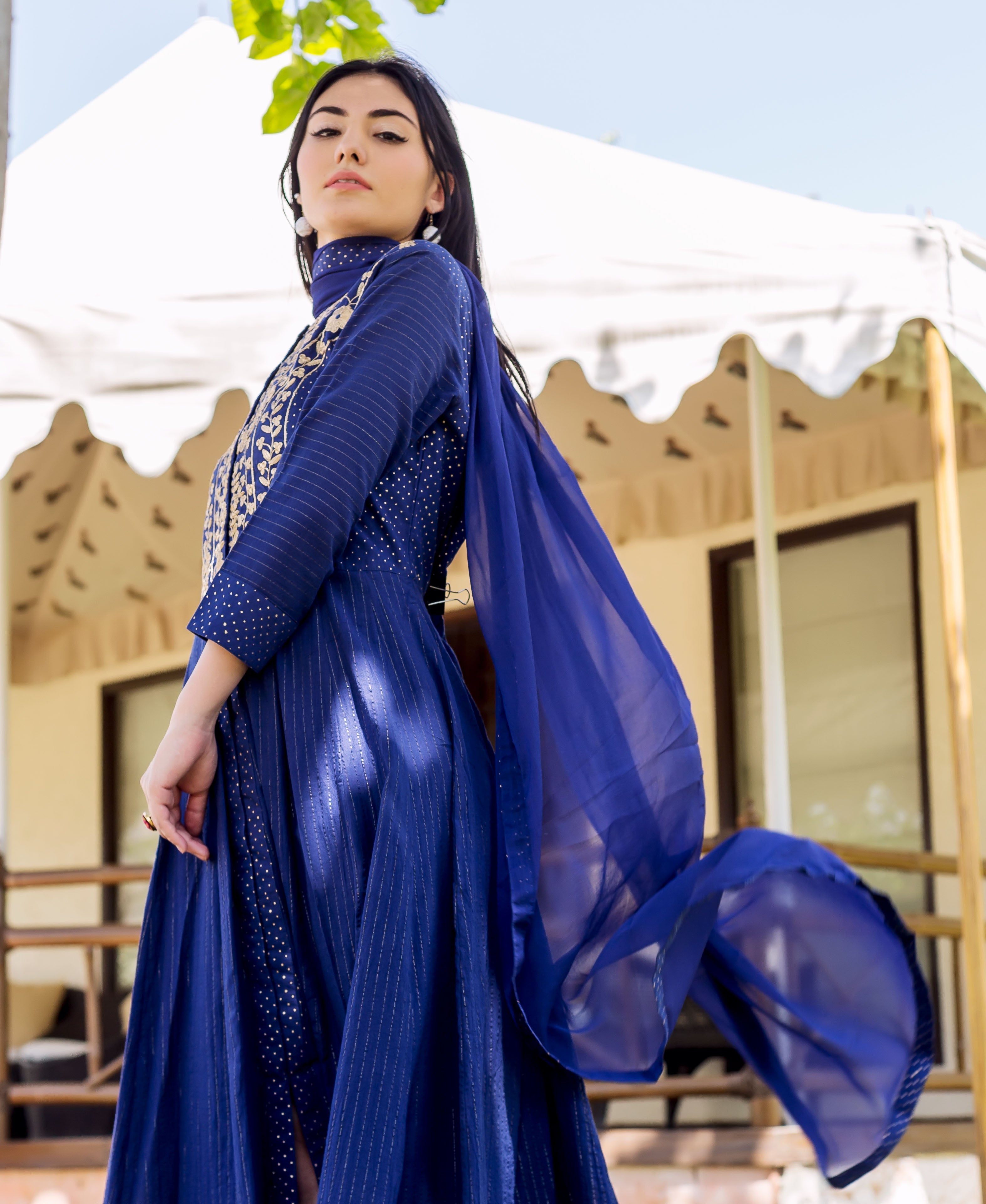 A woman in a royal blue dress with gold embroidery and white dots, standing outside.