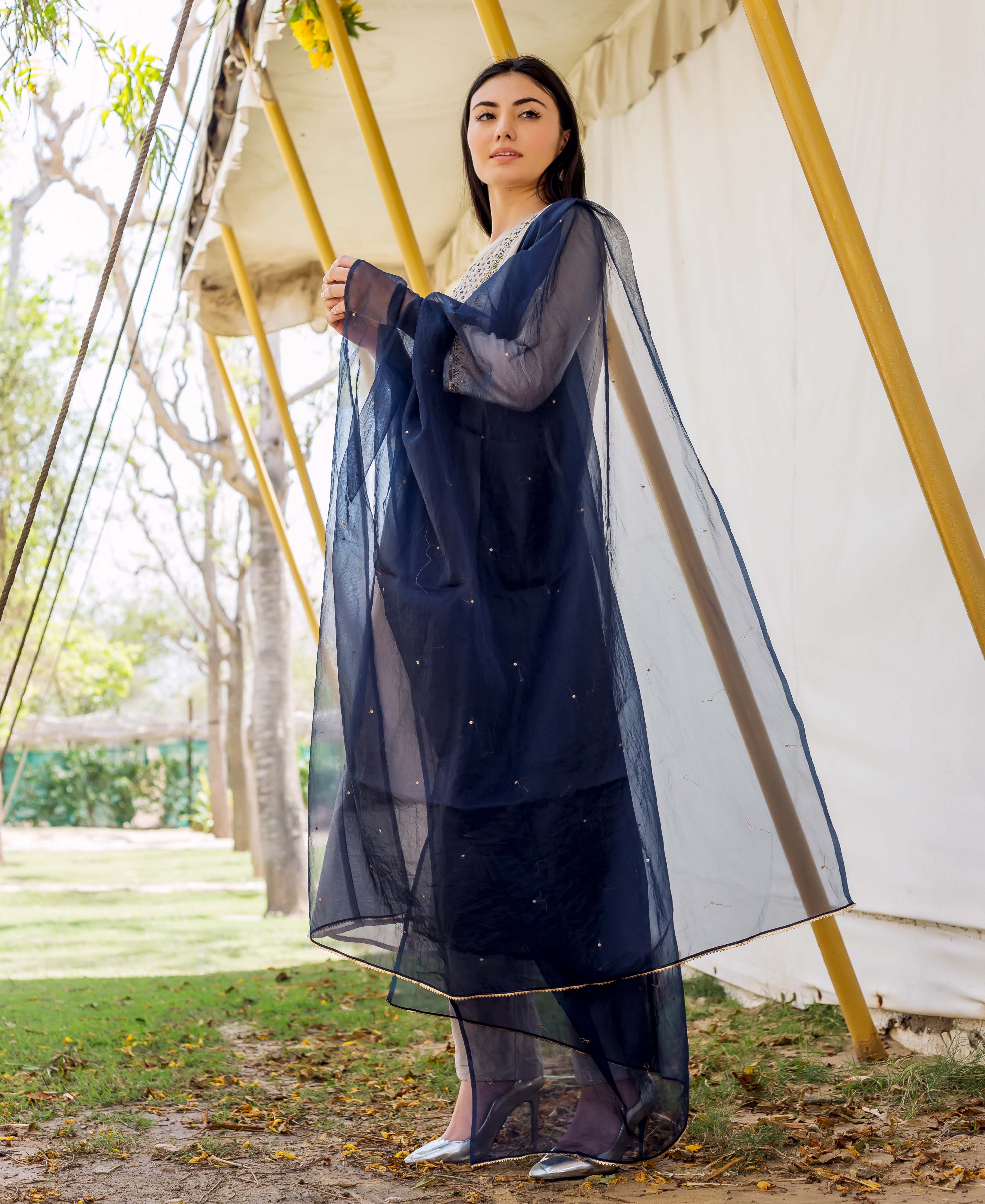 Full-length model wearing a grey embroidered kurta and a sheer navy blue embellished dupatta.