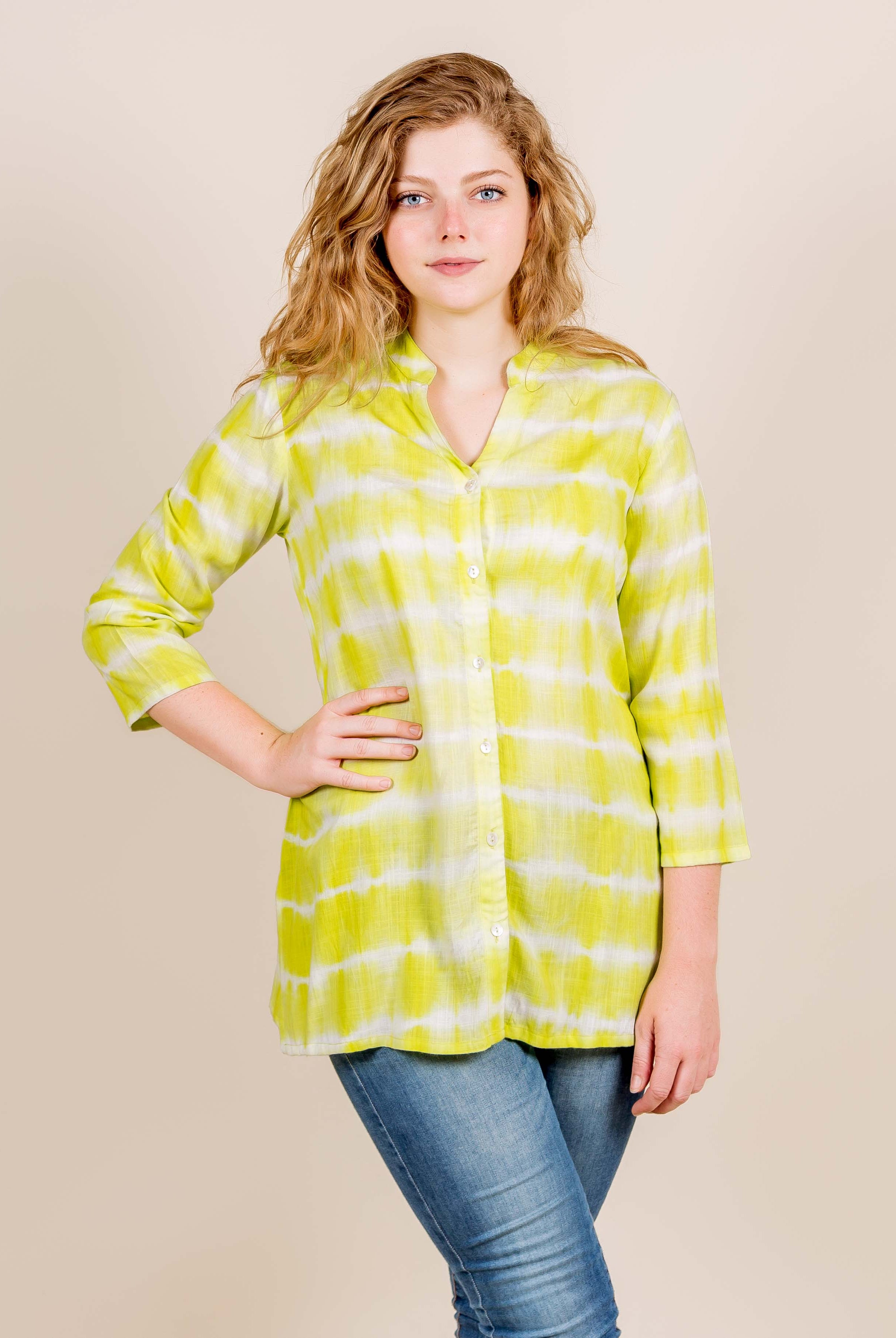 Lemon Tie And Dye Mandarin Short Kurti Top