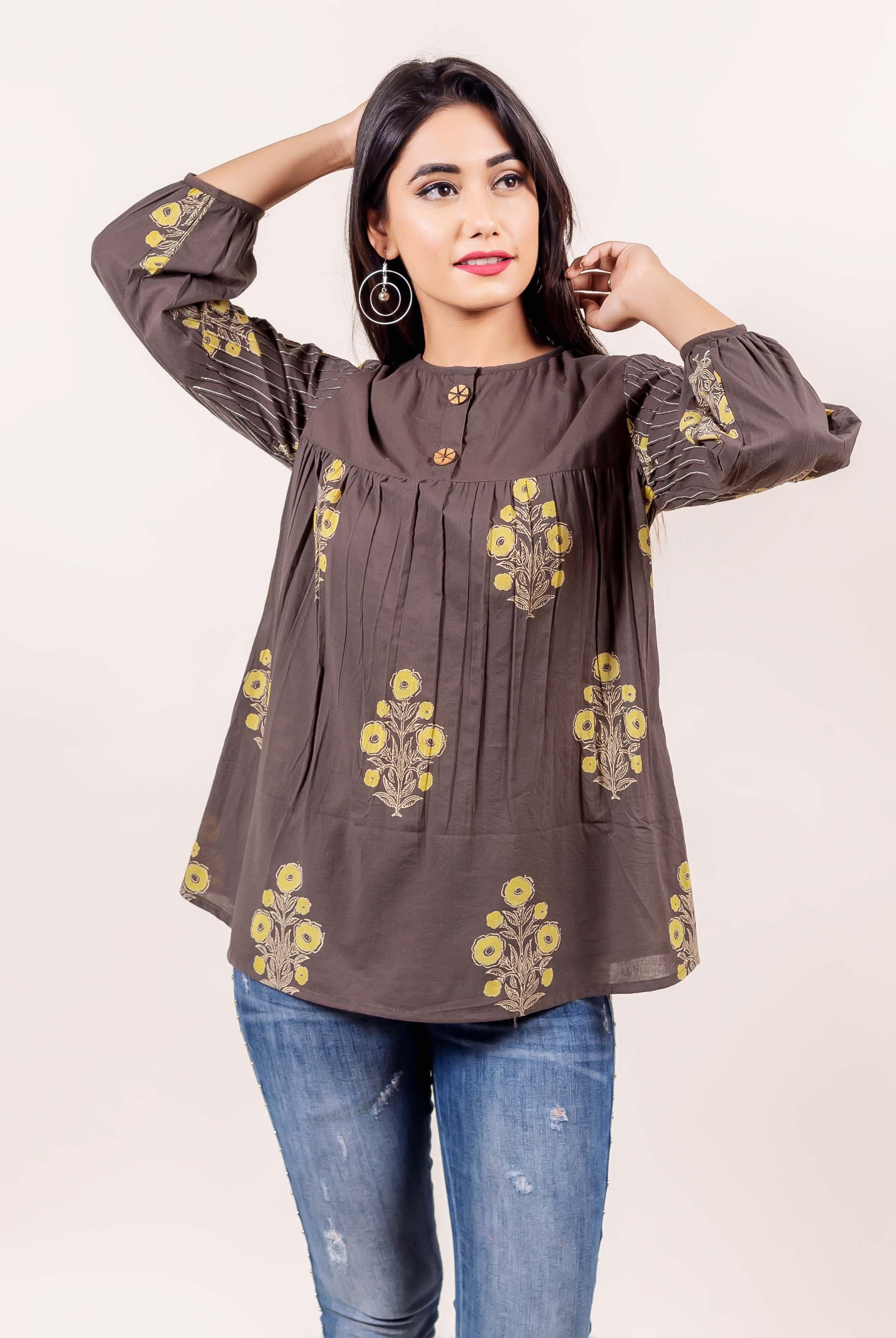 Brown Hand Block Printed Cotton Top with Stitch details
