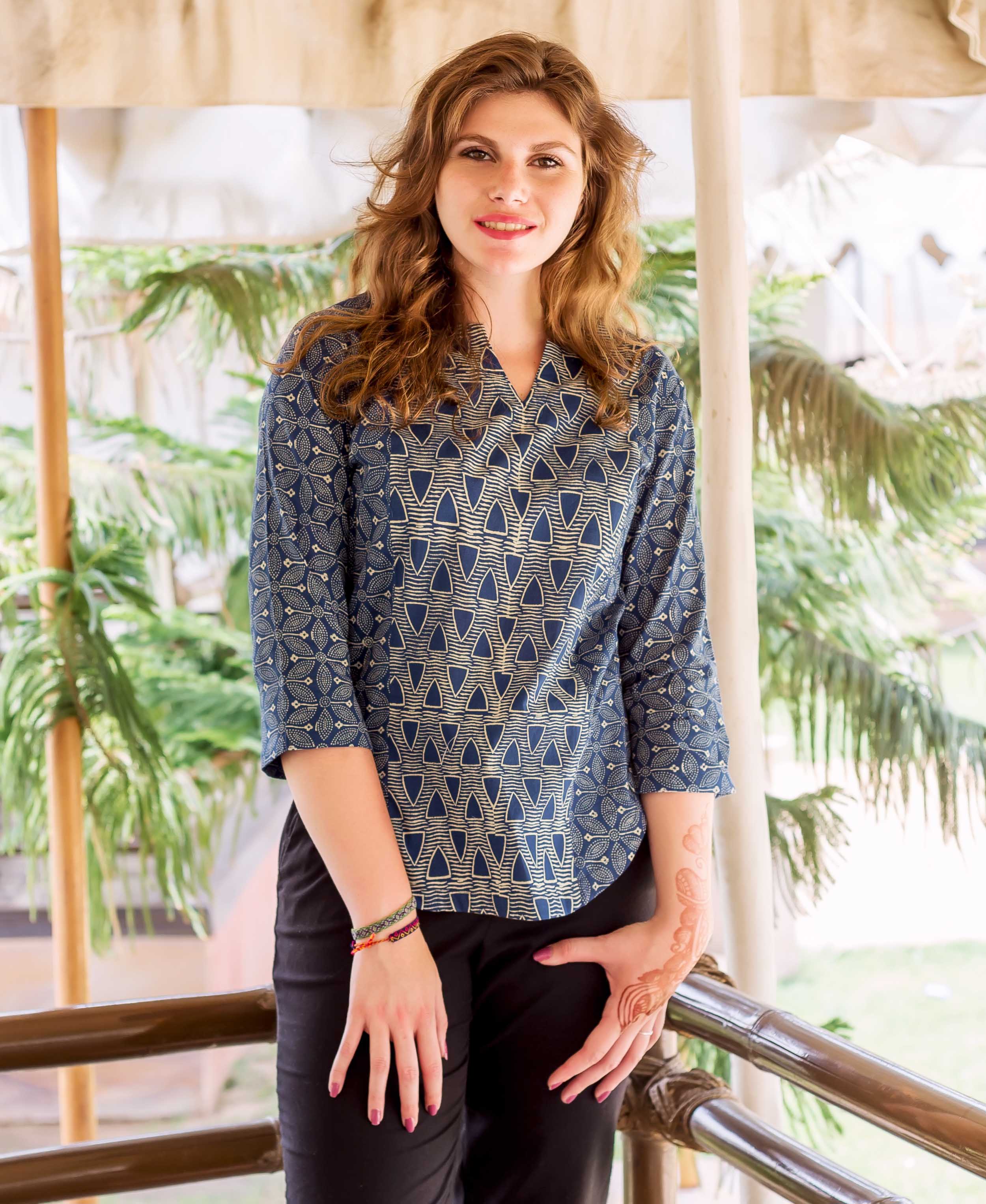 Front full look of a model in an indigo hand-block-printed ethnic top.