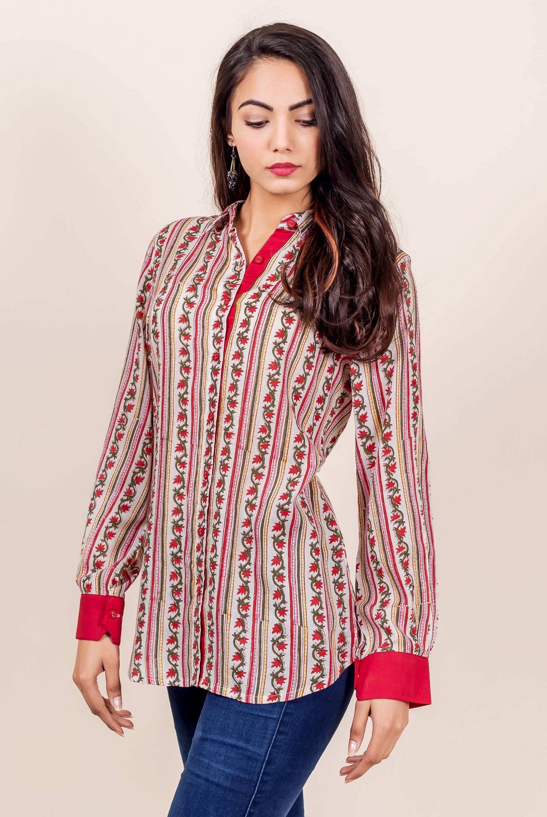 White and red hand block printed floral stripe long-sleeve shirt on model.