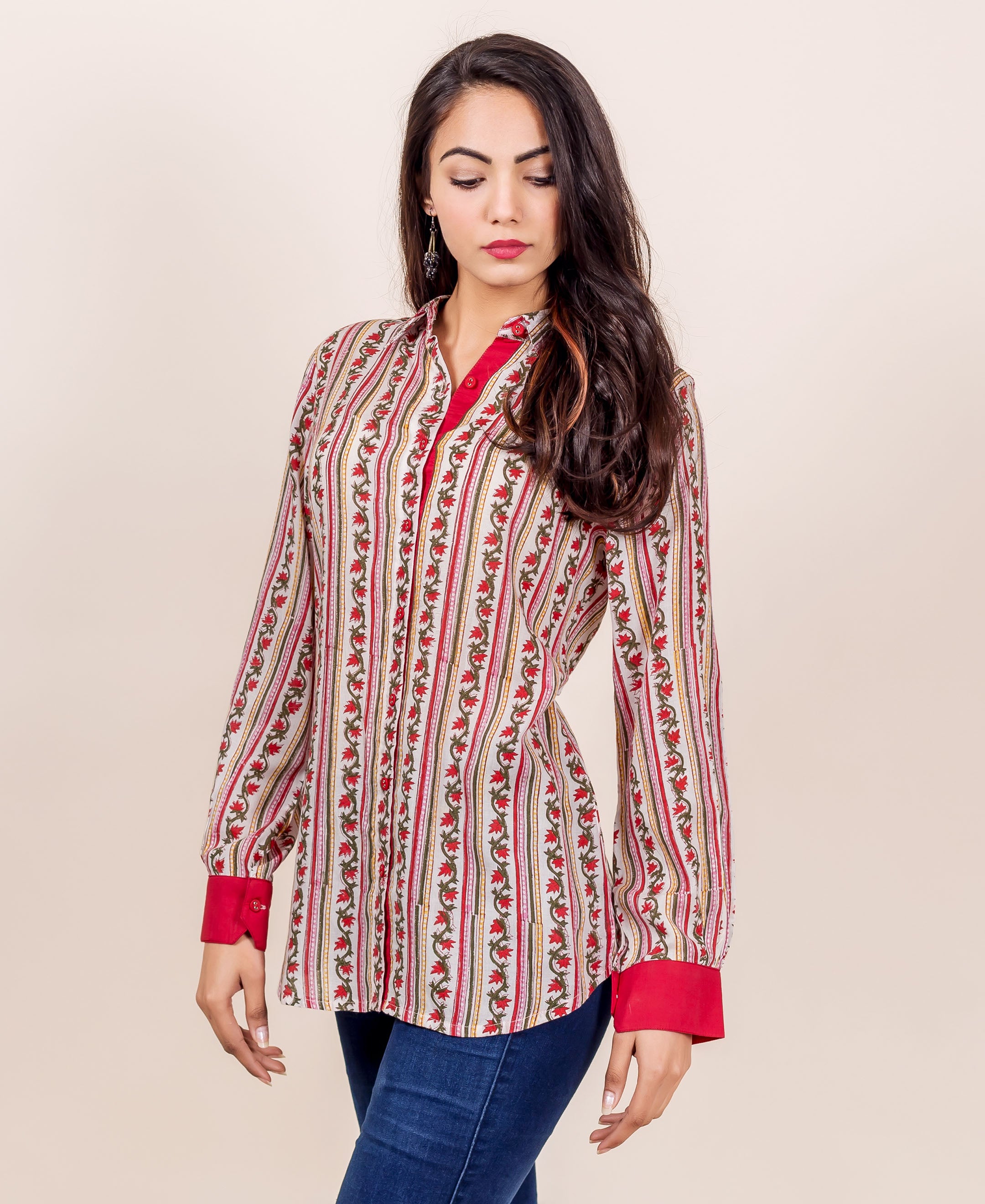 White and red hand block printed floral stripe long-sleeve shirt on model.