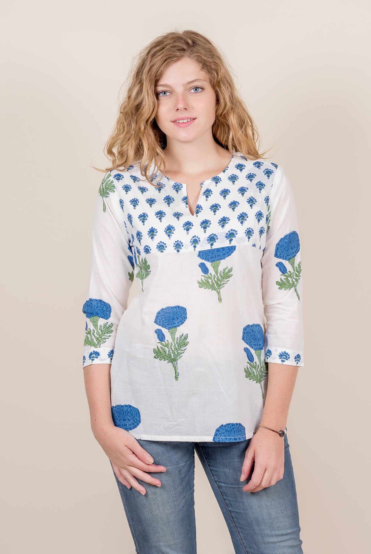 White And Blue Hand Block Printed Short Kurta Top