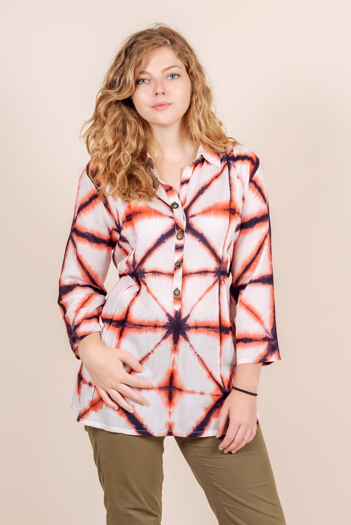White Peach Tie And Dye Front Button Shoulder Pleated Short Kurta Top