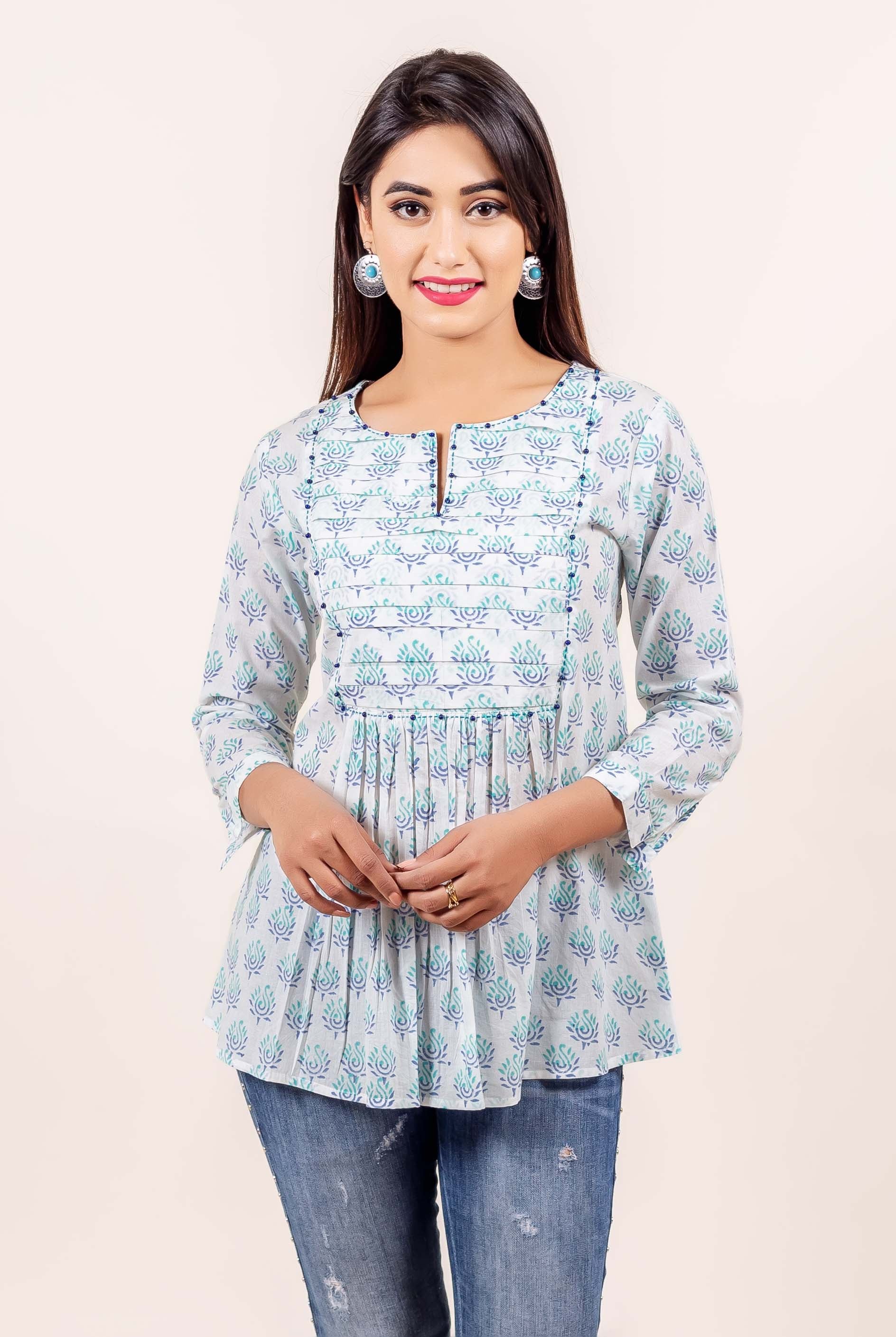 White and Aqua Hand Block Printed Cotton Top with Bead Work