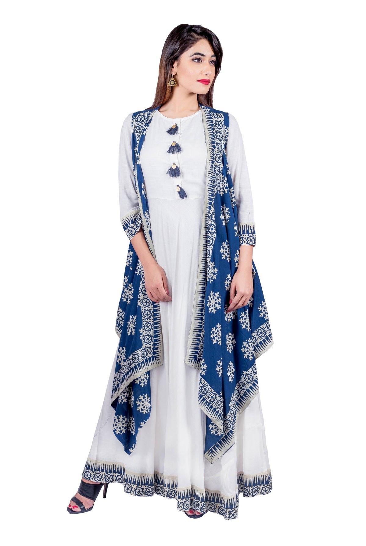 Crew Neck Empire Cut Indo Western Maxi Dress With Asymmetrical Mid Knee Length Shrug