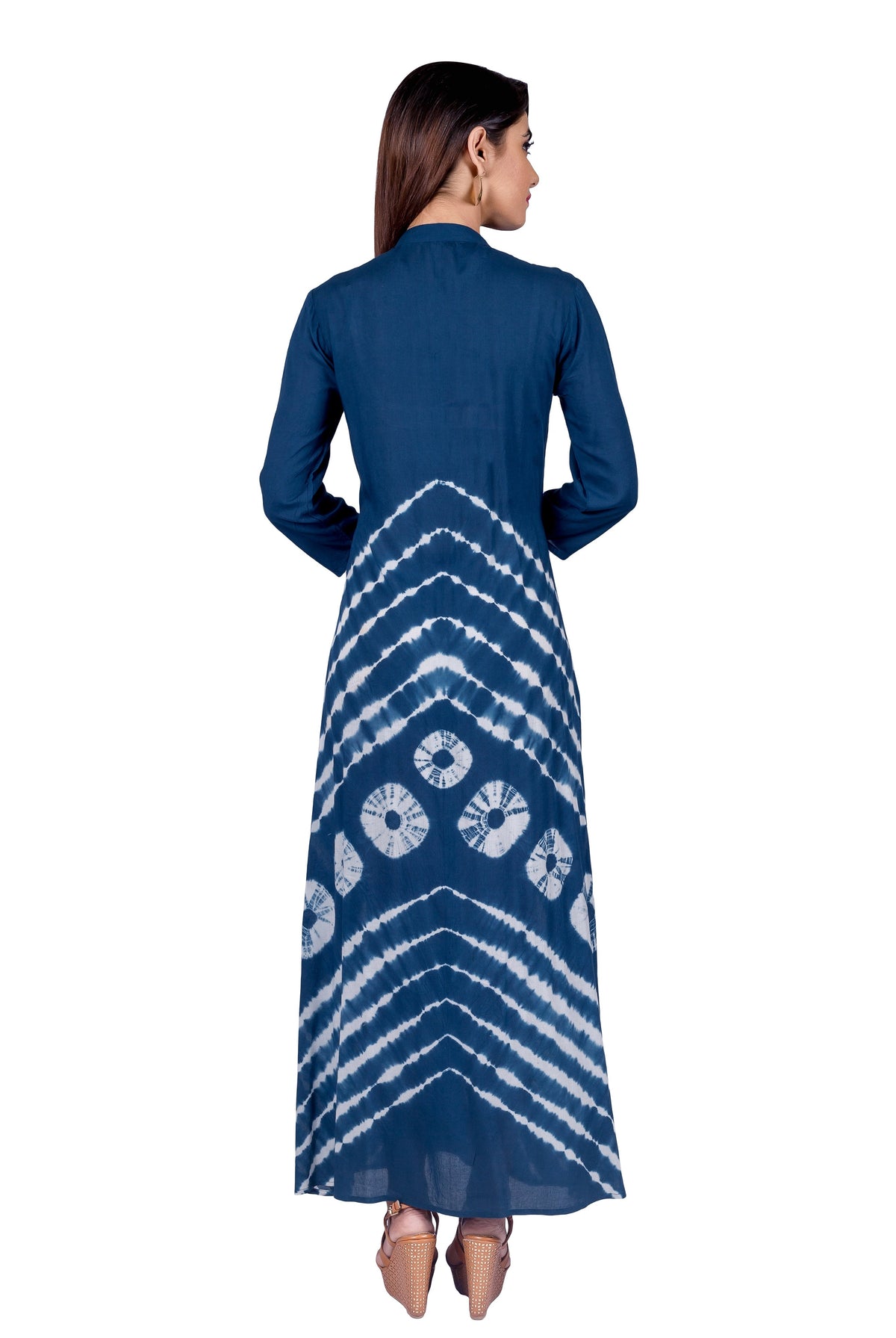 Back view of model in full indigo tie and dye Indo Western dress.