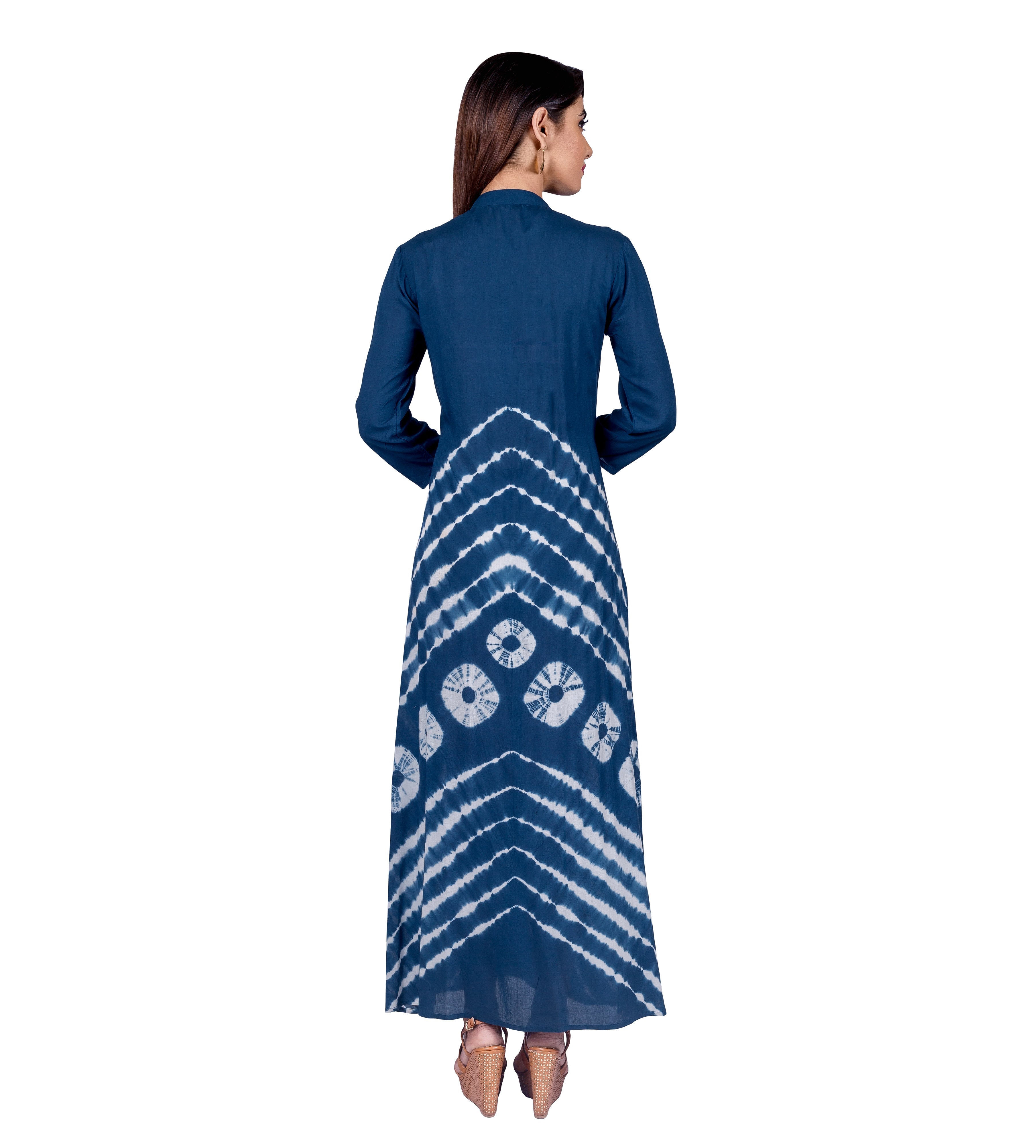 Back view of model in full indigo tie and dye Indo Western dress.