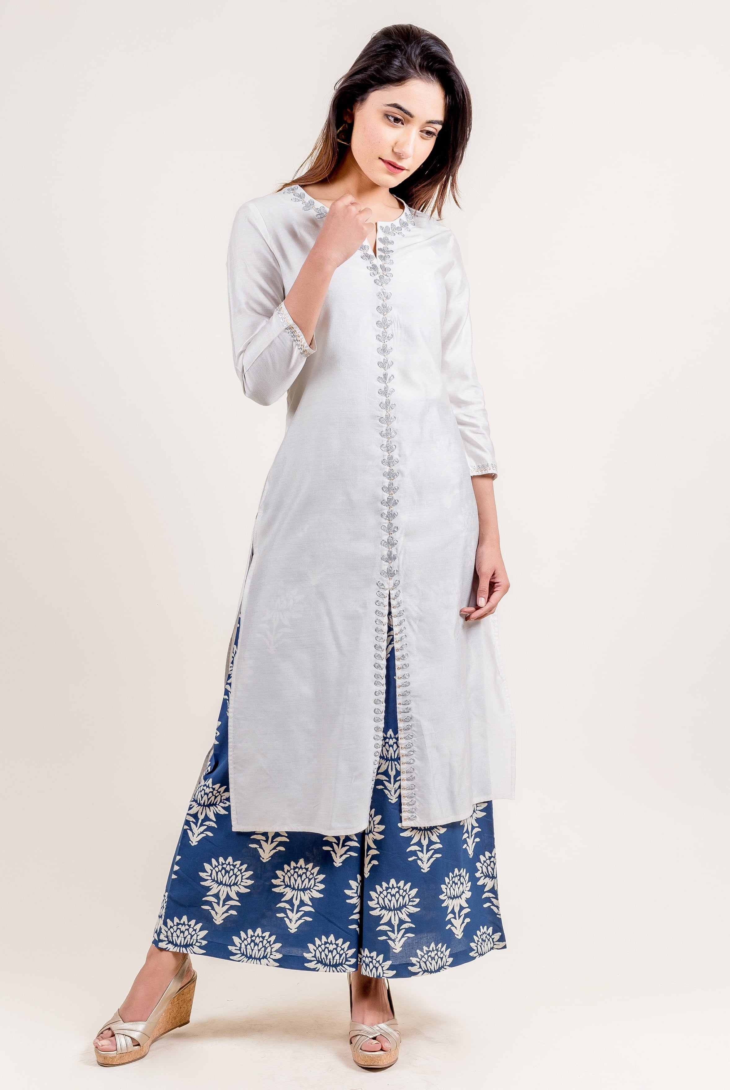 Split Neck Embroidered Chanderi Indo Western Kurta With Printed Palazzo