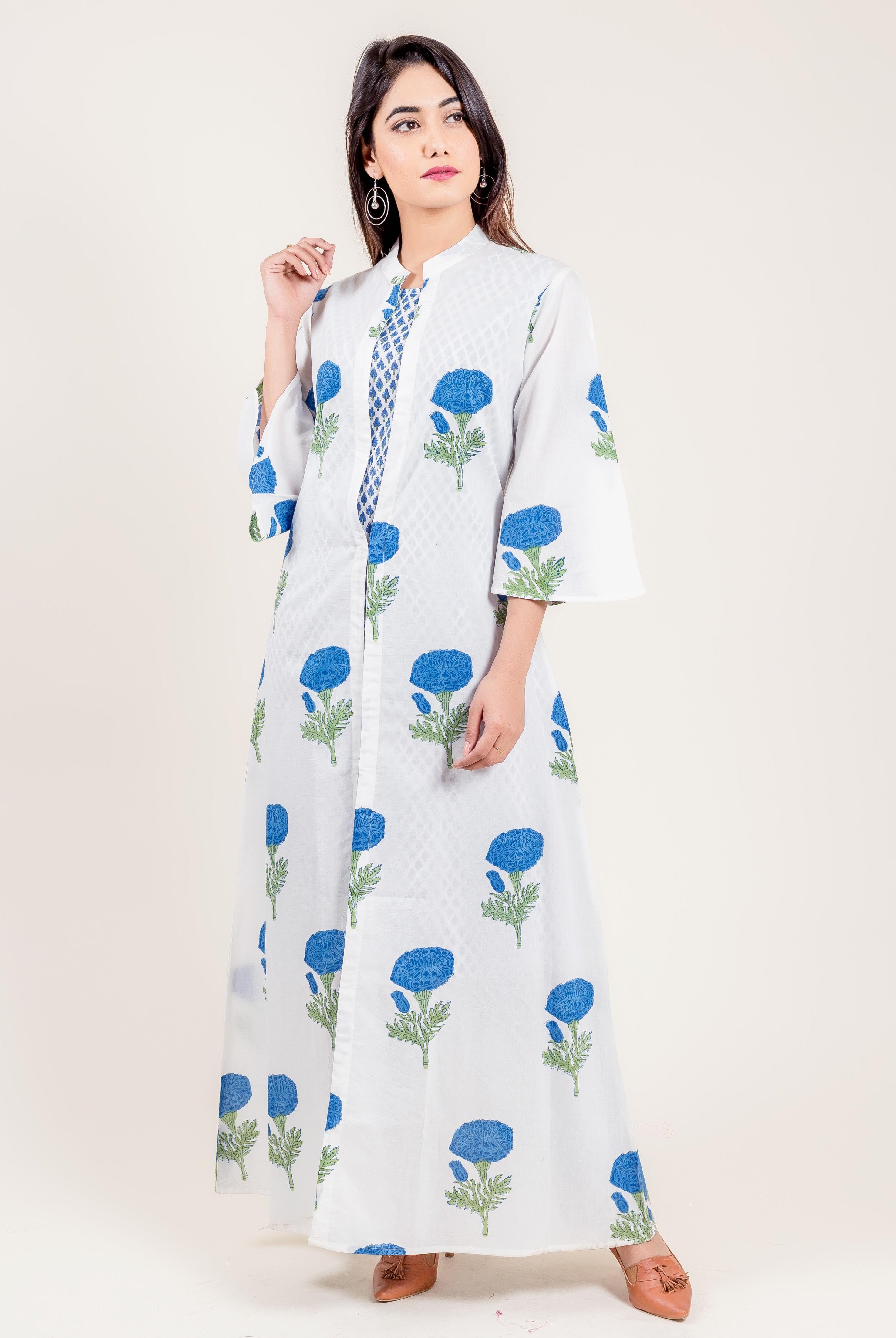 Layered Hand Block Printed White And Blue Cotton Suit Set
