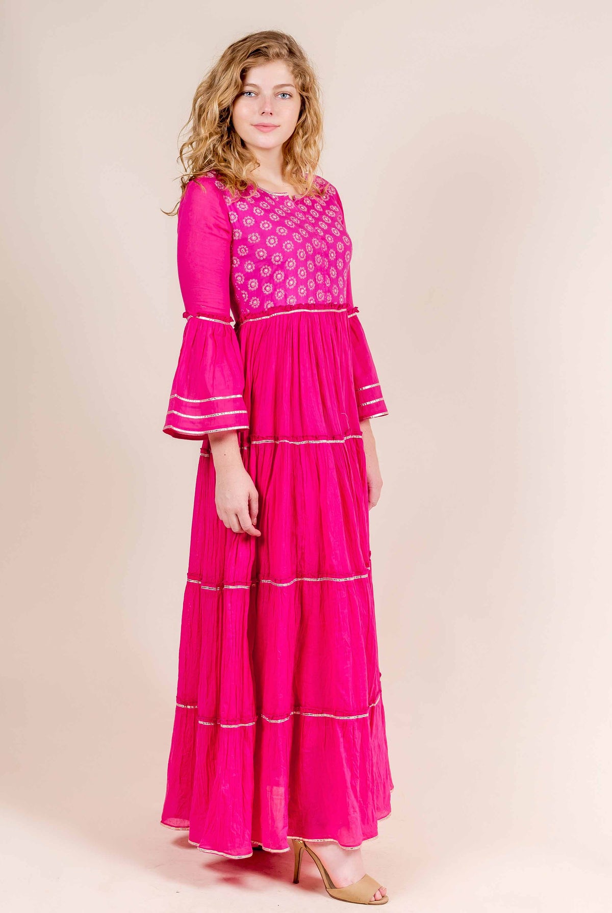 Full Bell Sleeves Cotton Printed Long Designer Dresses online shopping