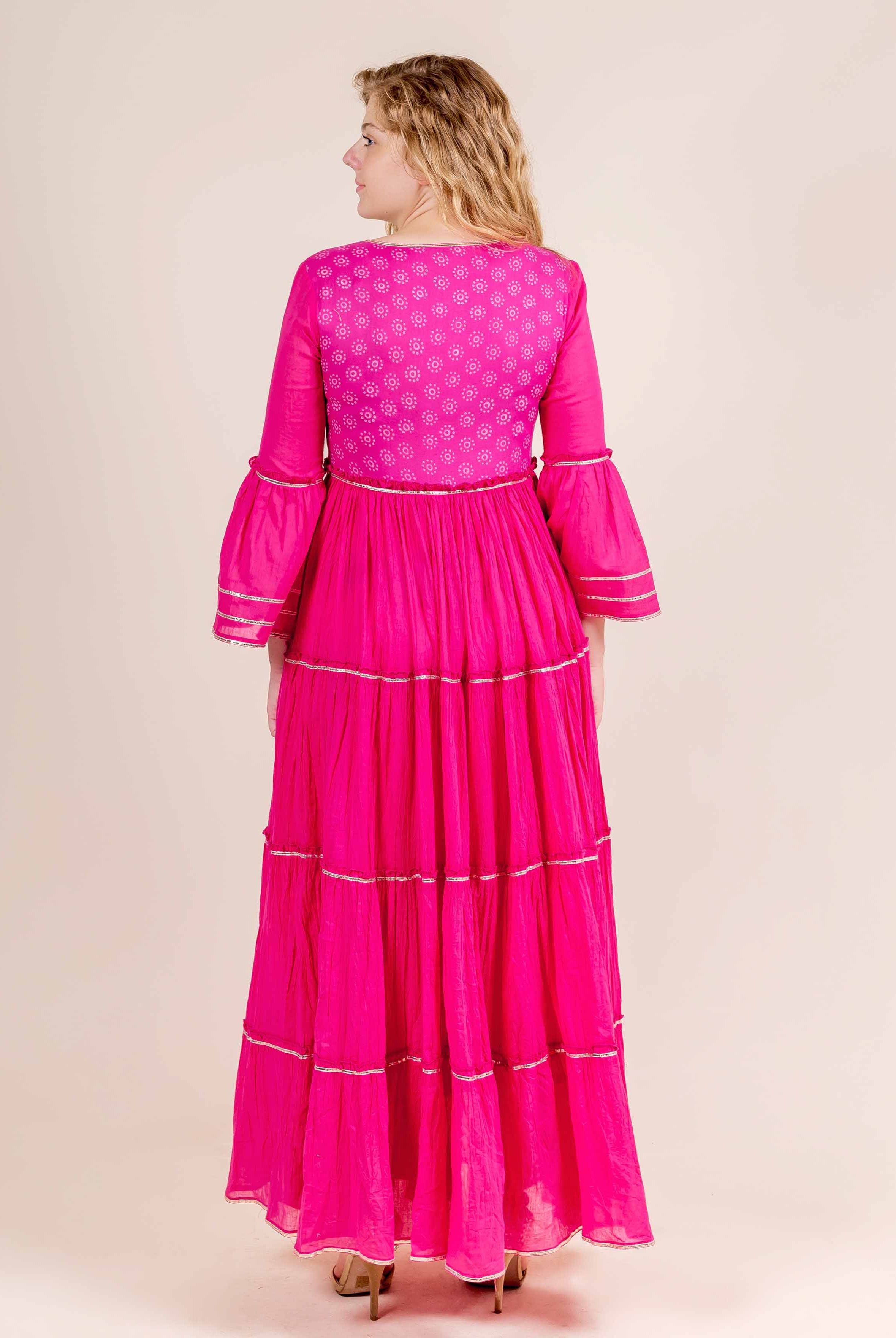 Fuchsia Full Bell Sleeves Cotton Printed Long designer women Gowns online