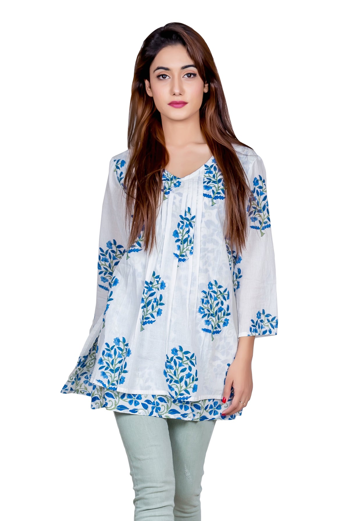 White And Blue Layered Hand Block Printed Short Kurti Top