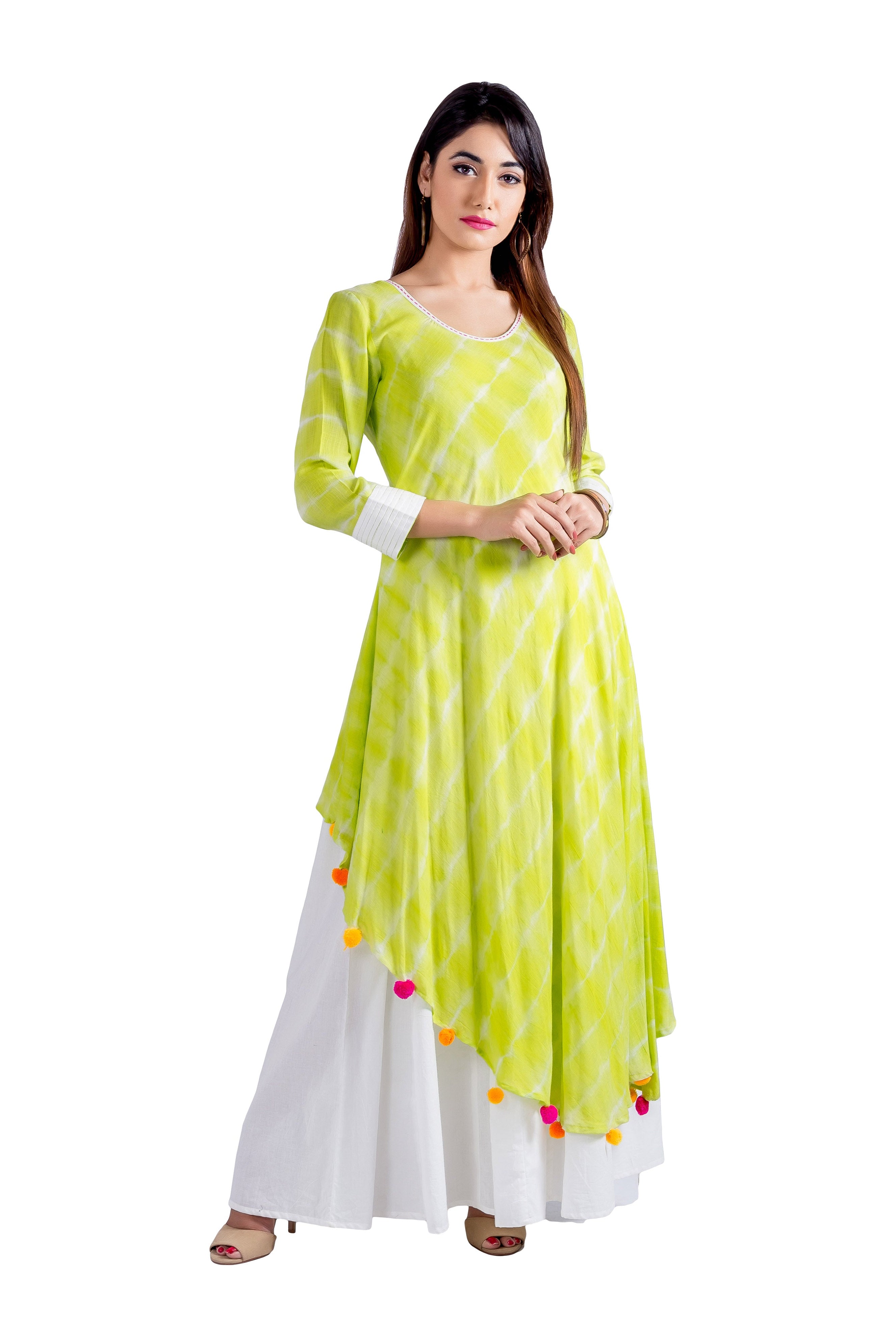 Full look, front model in lime tie-dye asymmetrical dress with white bottom layer.