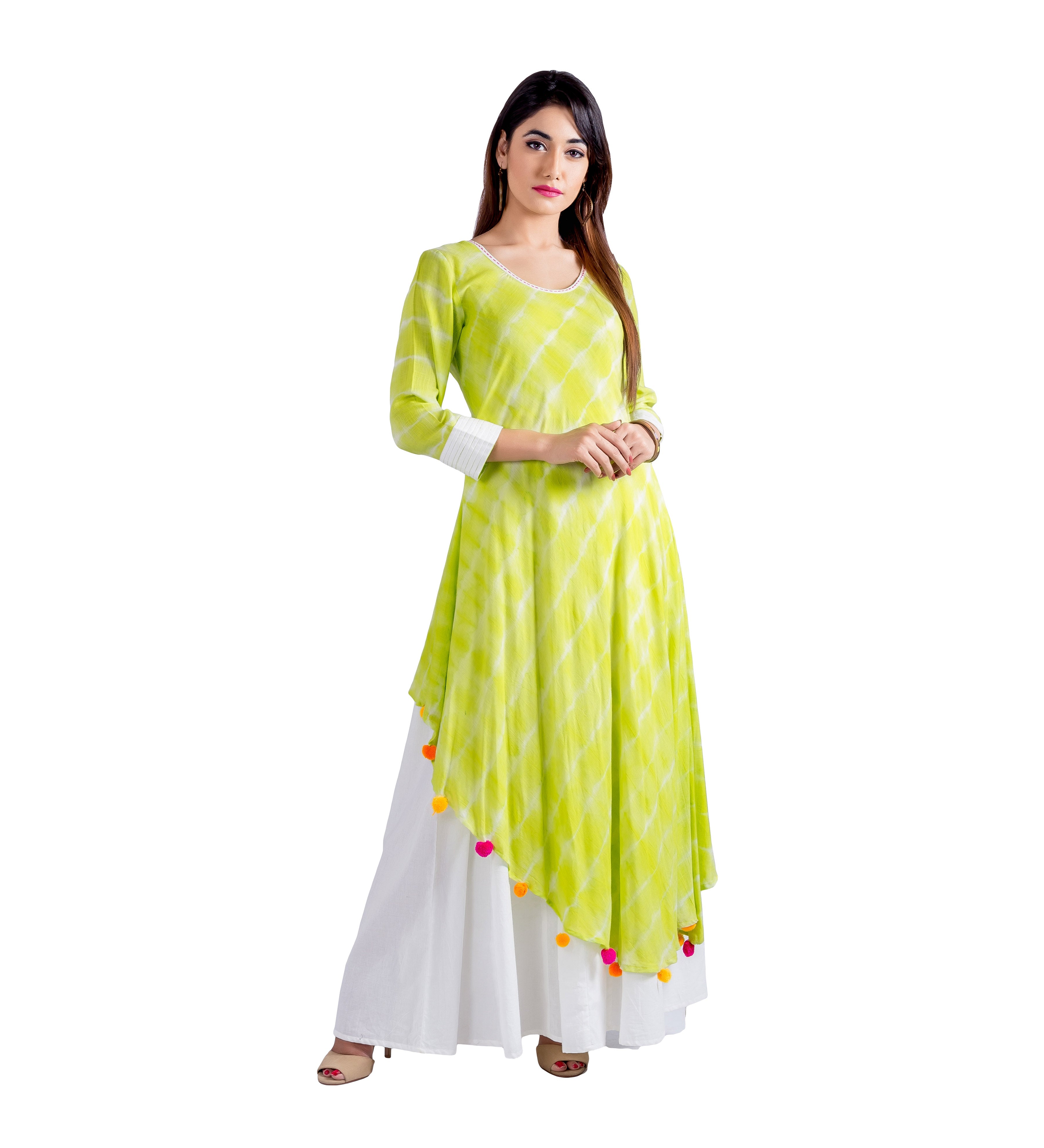 Full look, front model in lime tie-dye asymmetrical dress with white bottom layer.