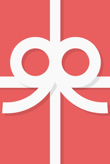Flat red gift card with rounded corners, tied with a white ribbon and a decorative bow.