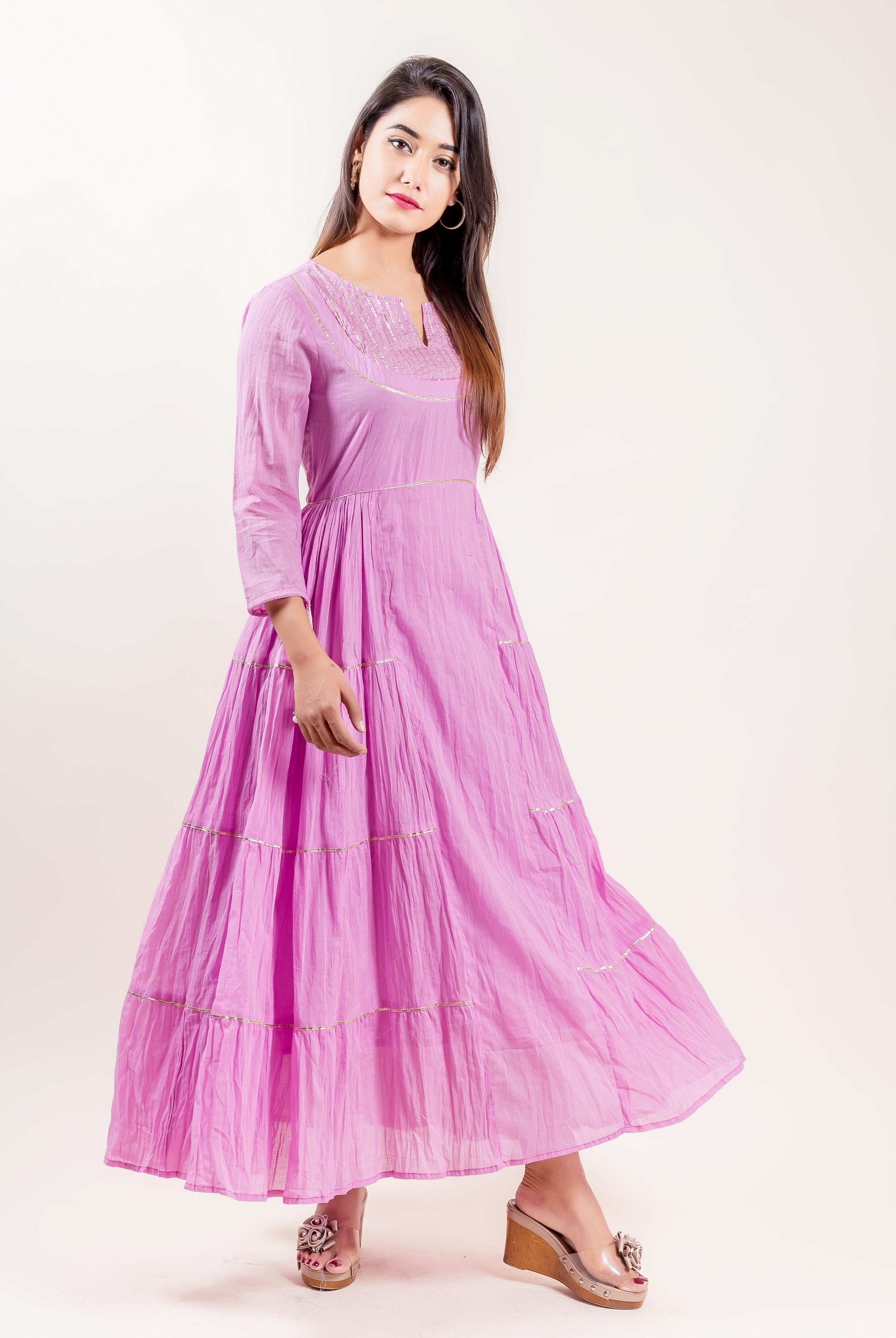 Quarter Sleeved Cotton Pink Tiered Full Length Dresses online shopping