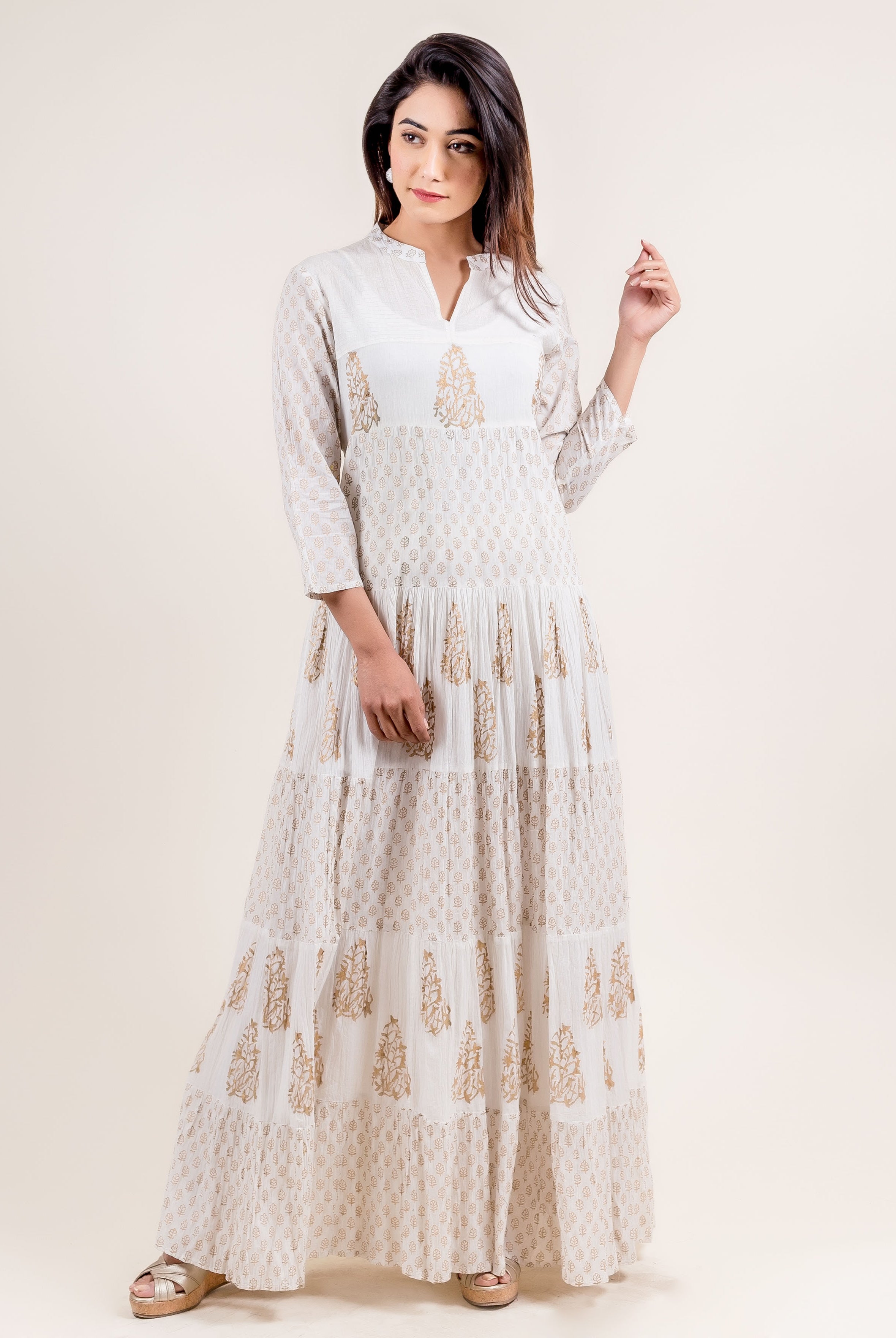 V- Neck Gold Block Print Princess Cut Anarkali Style Gown Dress