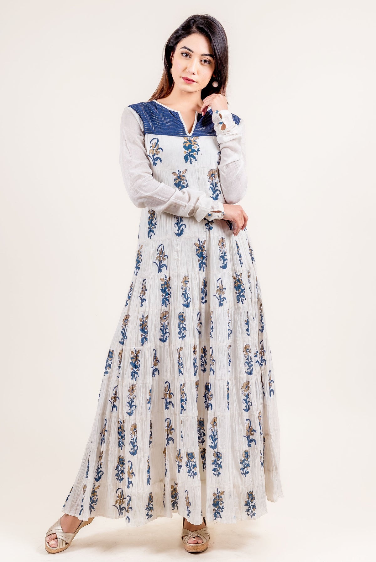 White / Blue Floral Indo Western Dress / Evening Gown