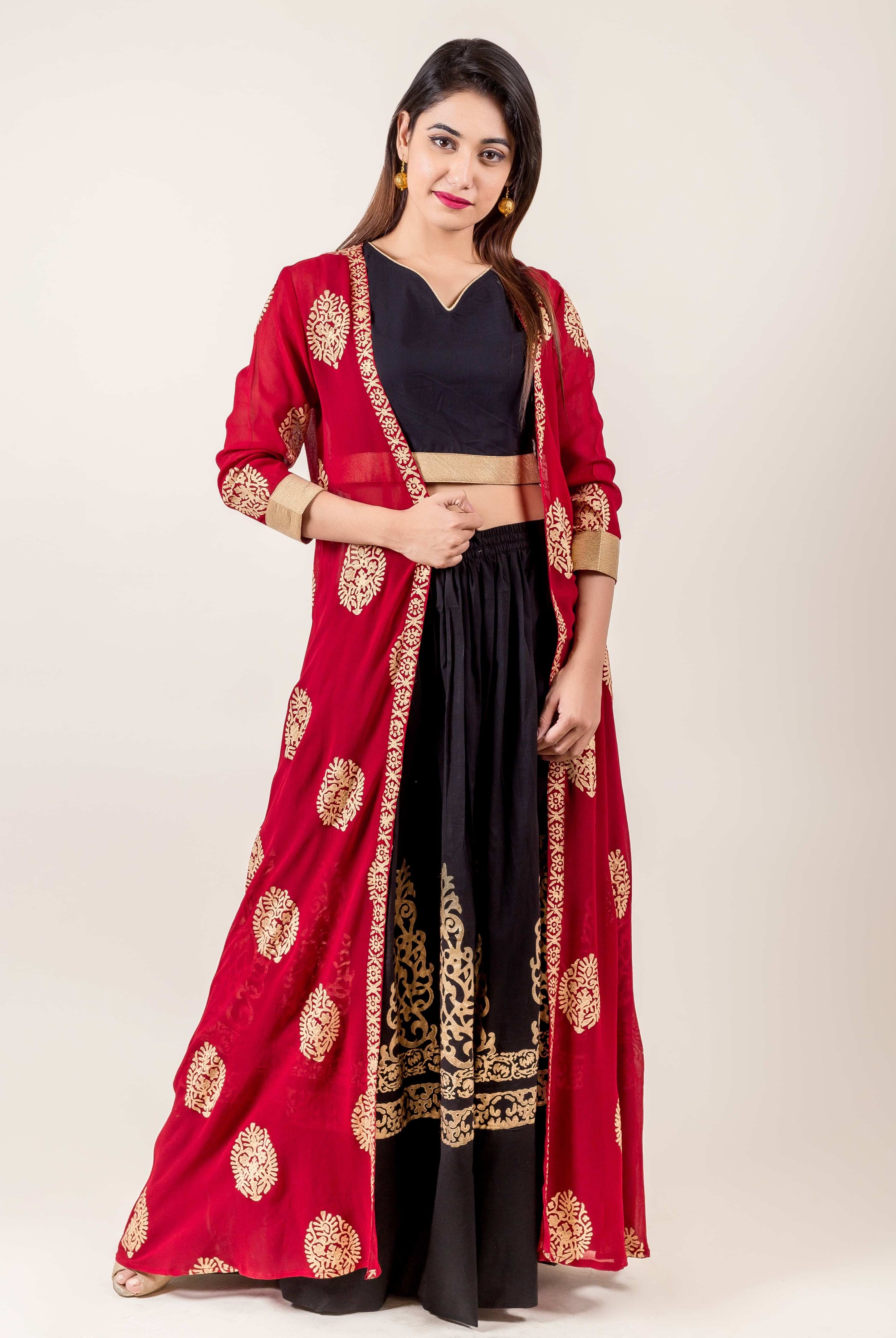 Jacket Style Indo Western Dress With Golden Prints In Red And Black Hues