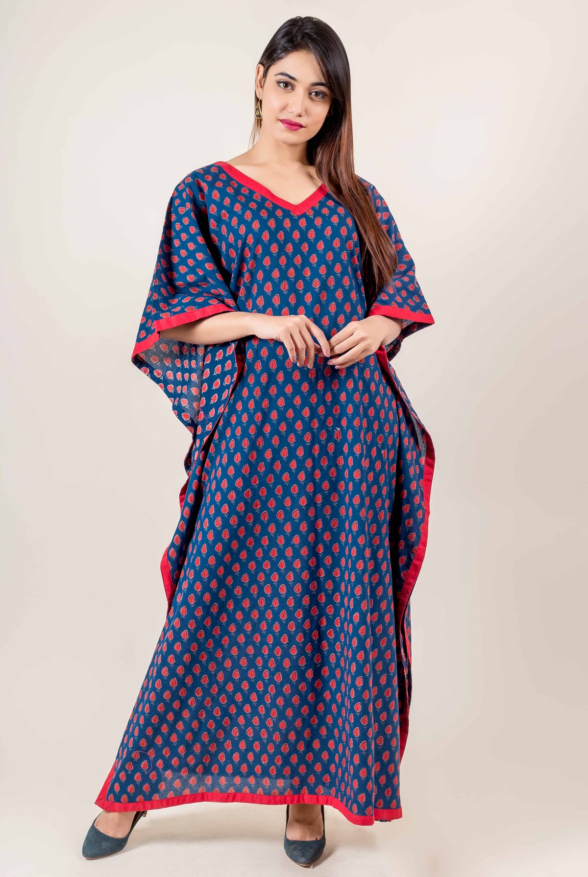 Blue Hand Block Printed Kaftan With Red Motifs