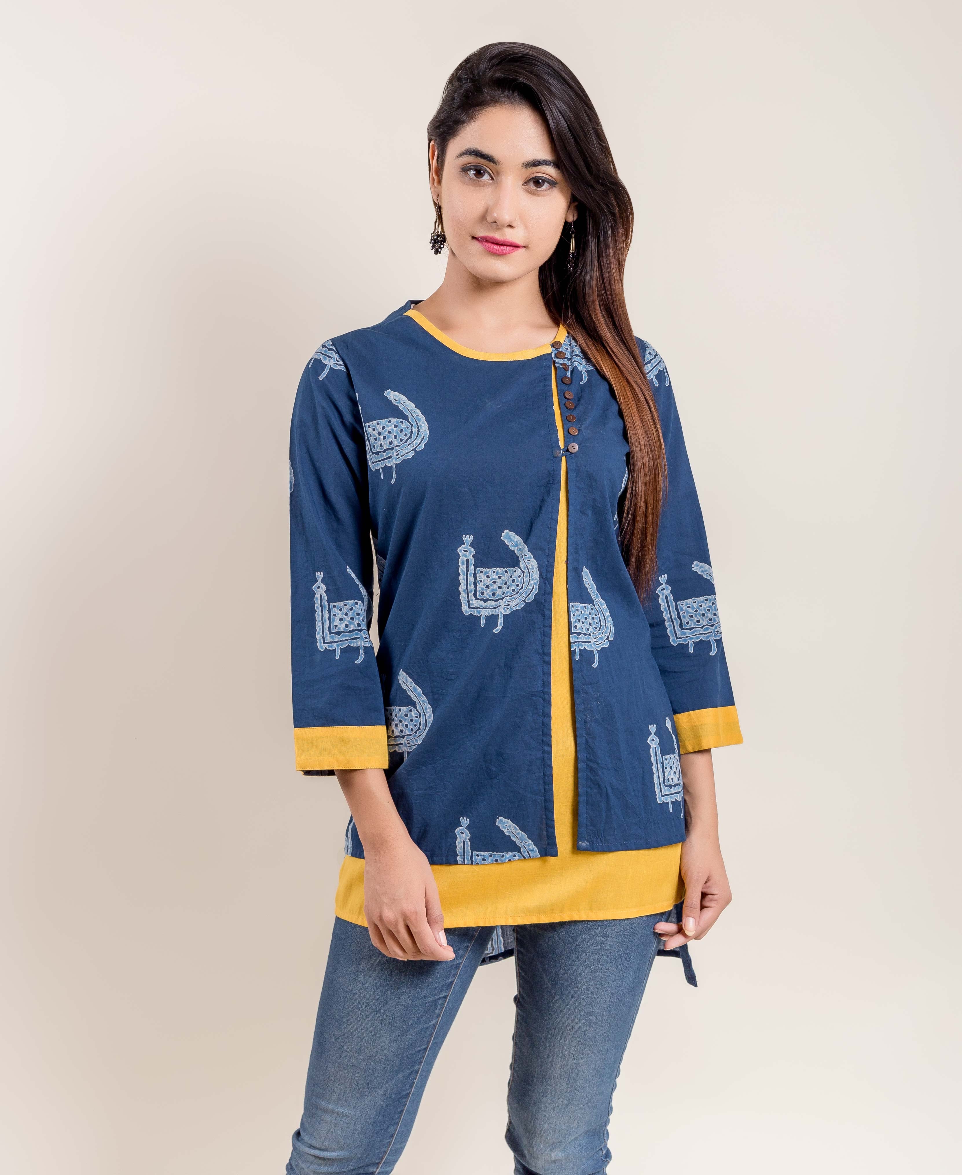 Indigo Yellow Double Layered Side Buttoned Printed Ethnic Short Kurti