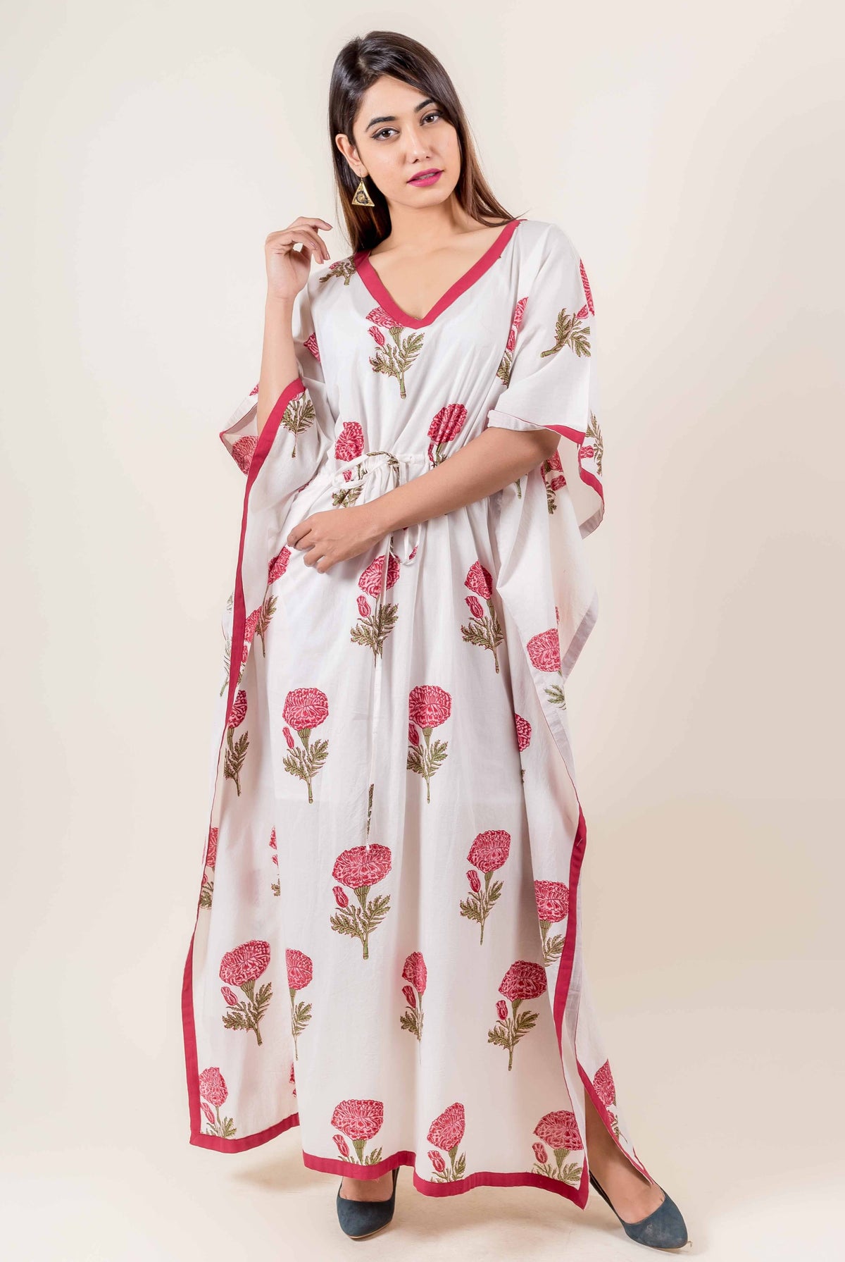 White Hand Block Printed Kaftan With Pink Floral Prints