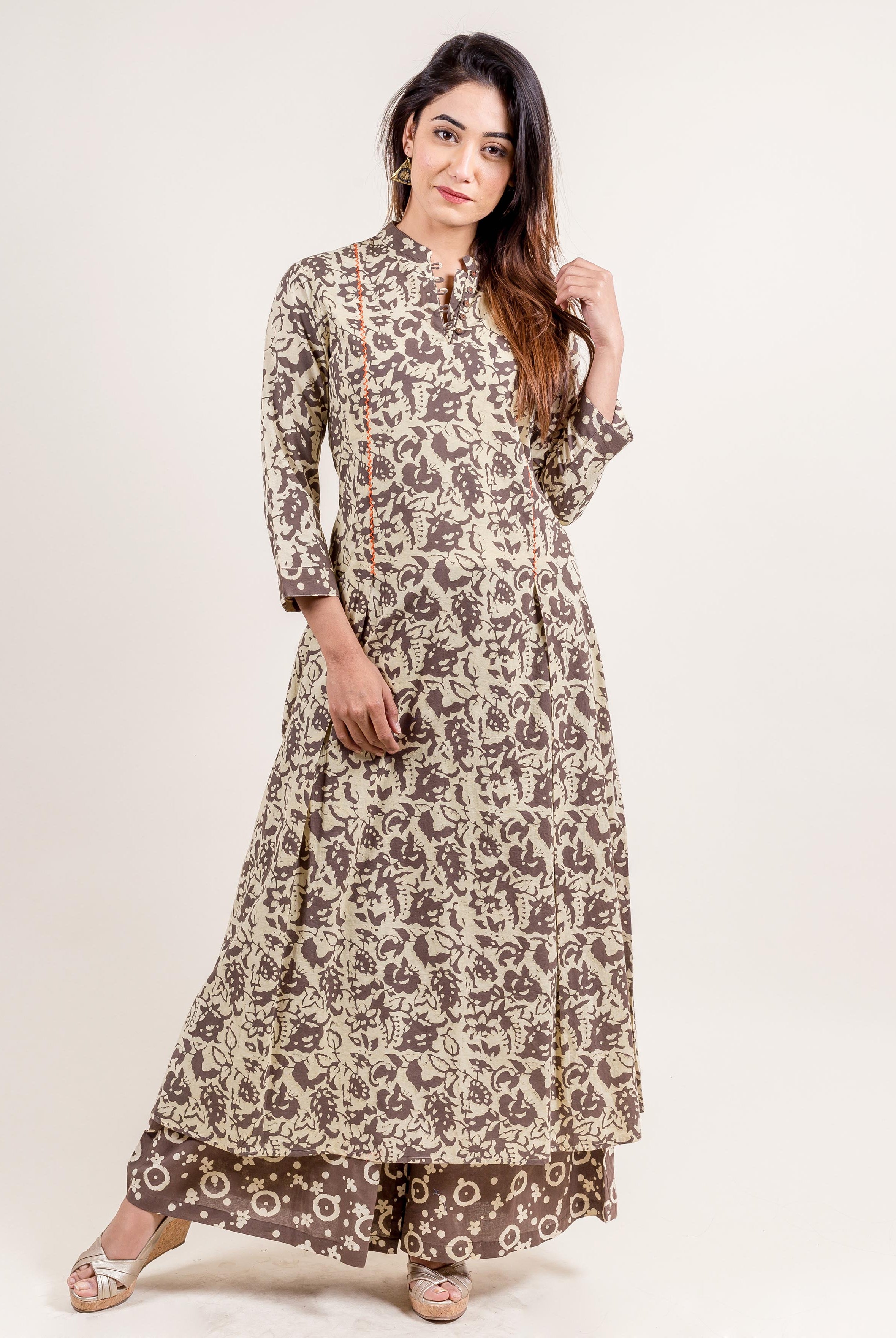 Kimono Collar Front Pleated Anarkali Style Kurta With Flared Palazzos