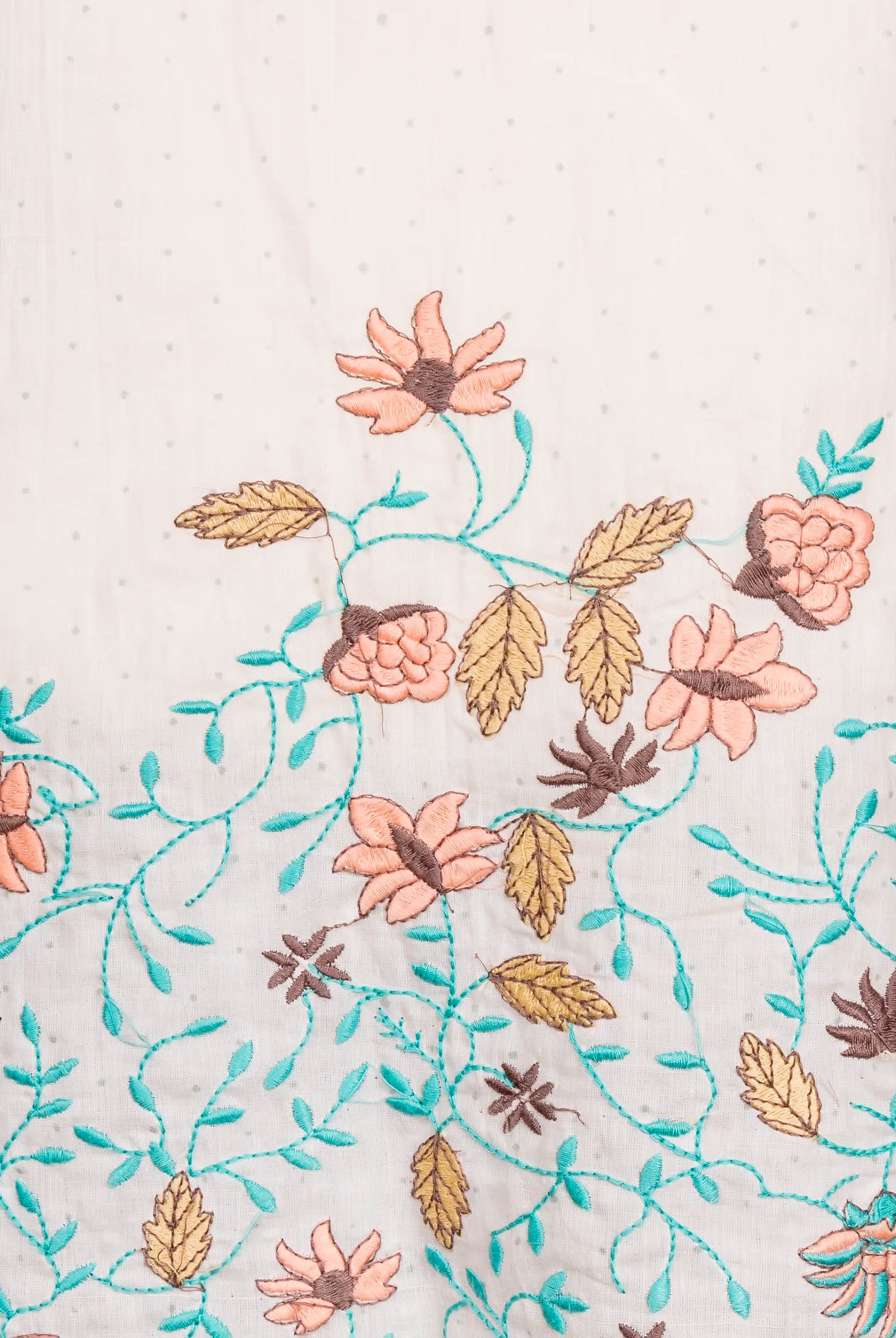 Close-up of multi-colored embroidered floral design on light cotton fabric.