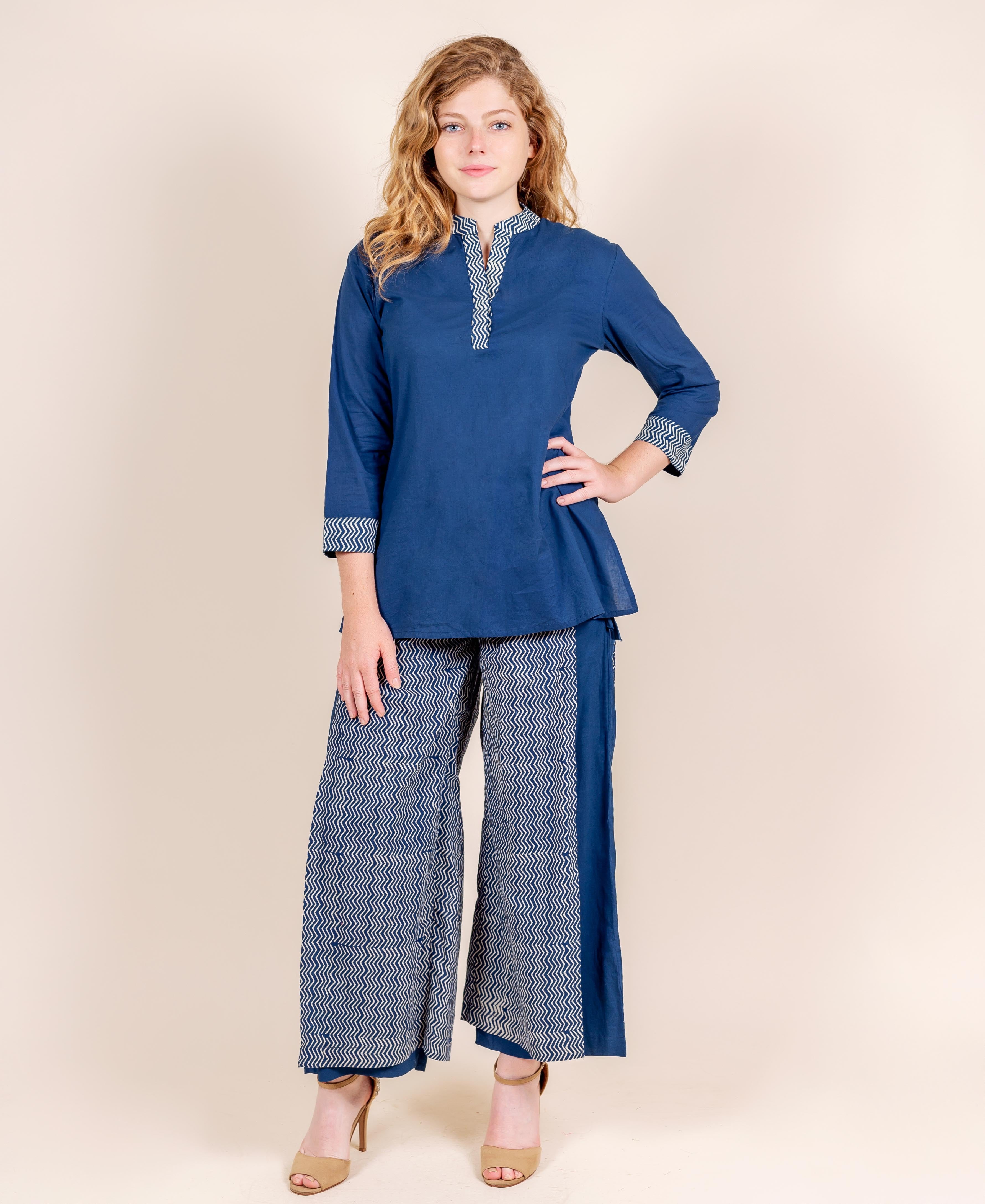Front view model in indigo blue hand block print kurti and matching zigzag palazzo pants.