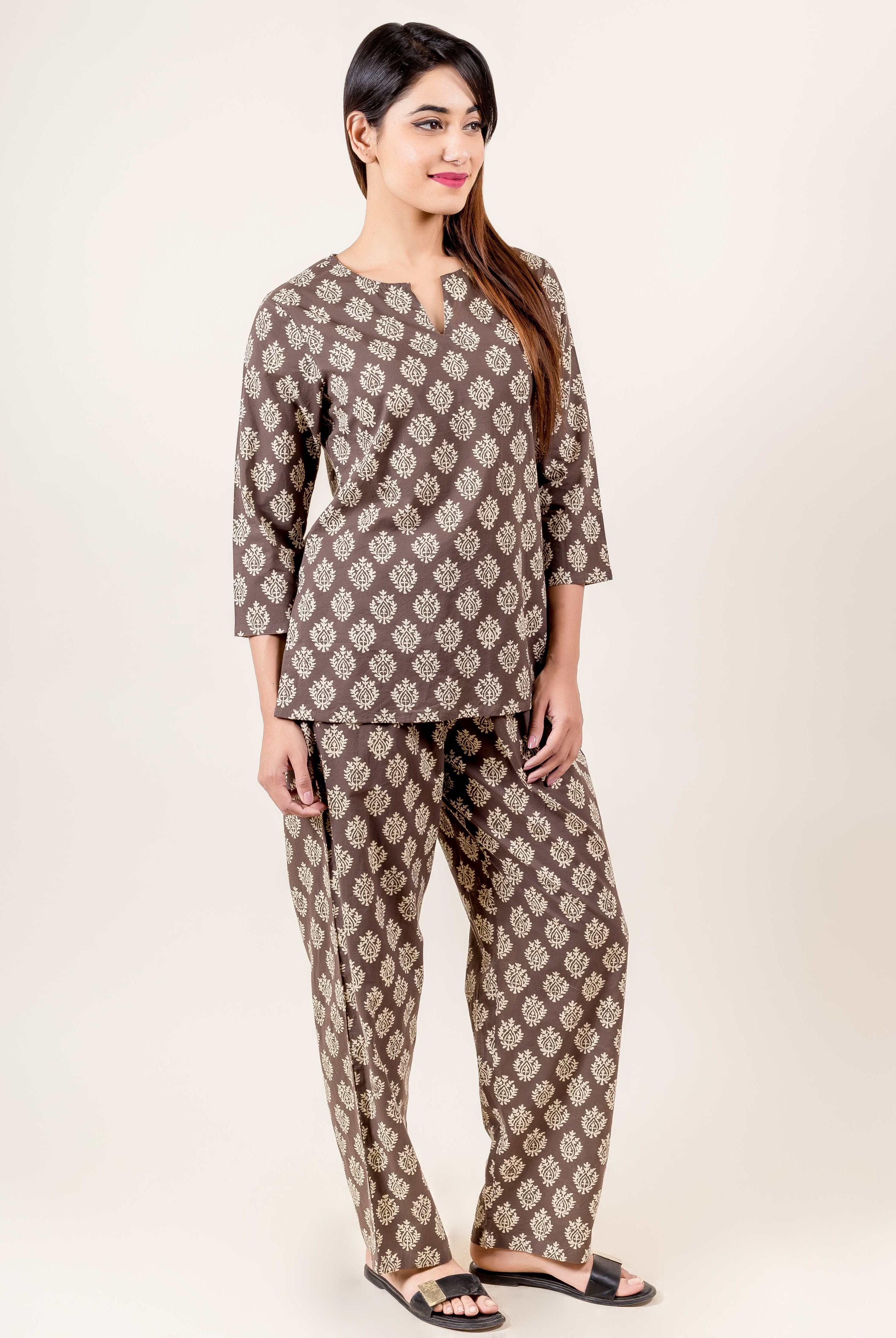 Brown hand block printed ethnic top and pajama full look on a model.