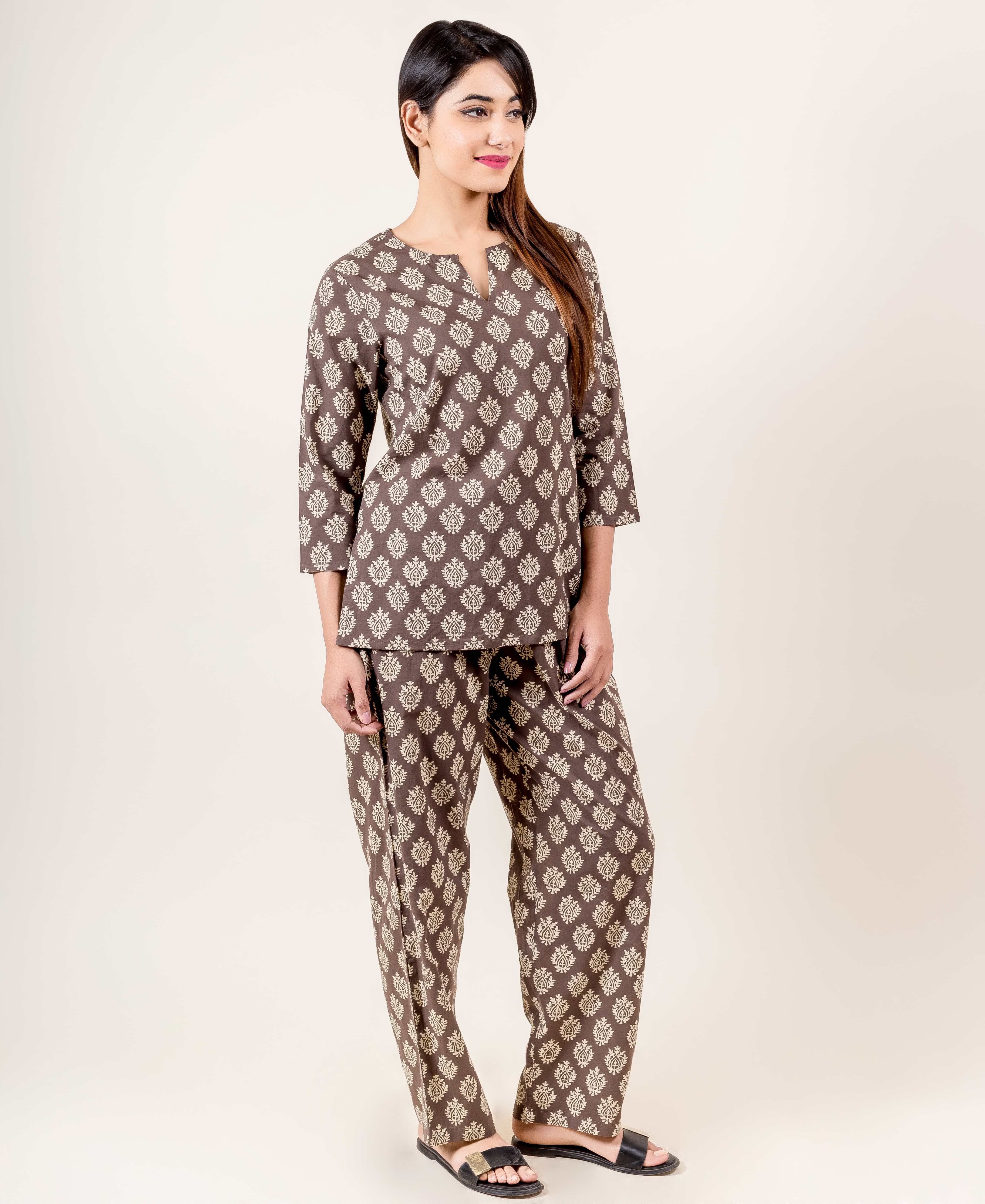 Brown hand block printed ethnic top and pajama full look on a model.