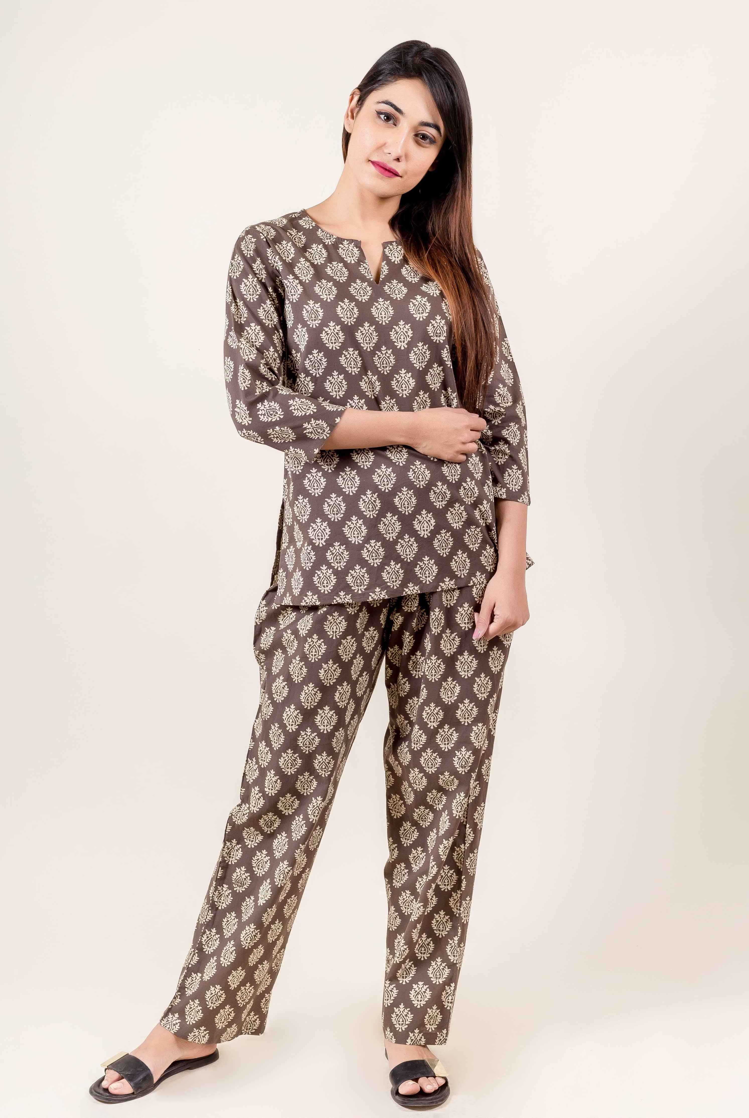 Brown Cotton Hand Block Printed Top and Pajama