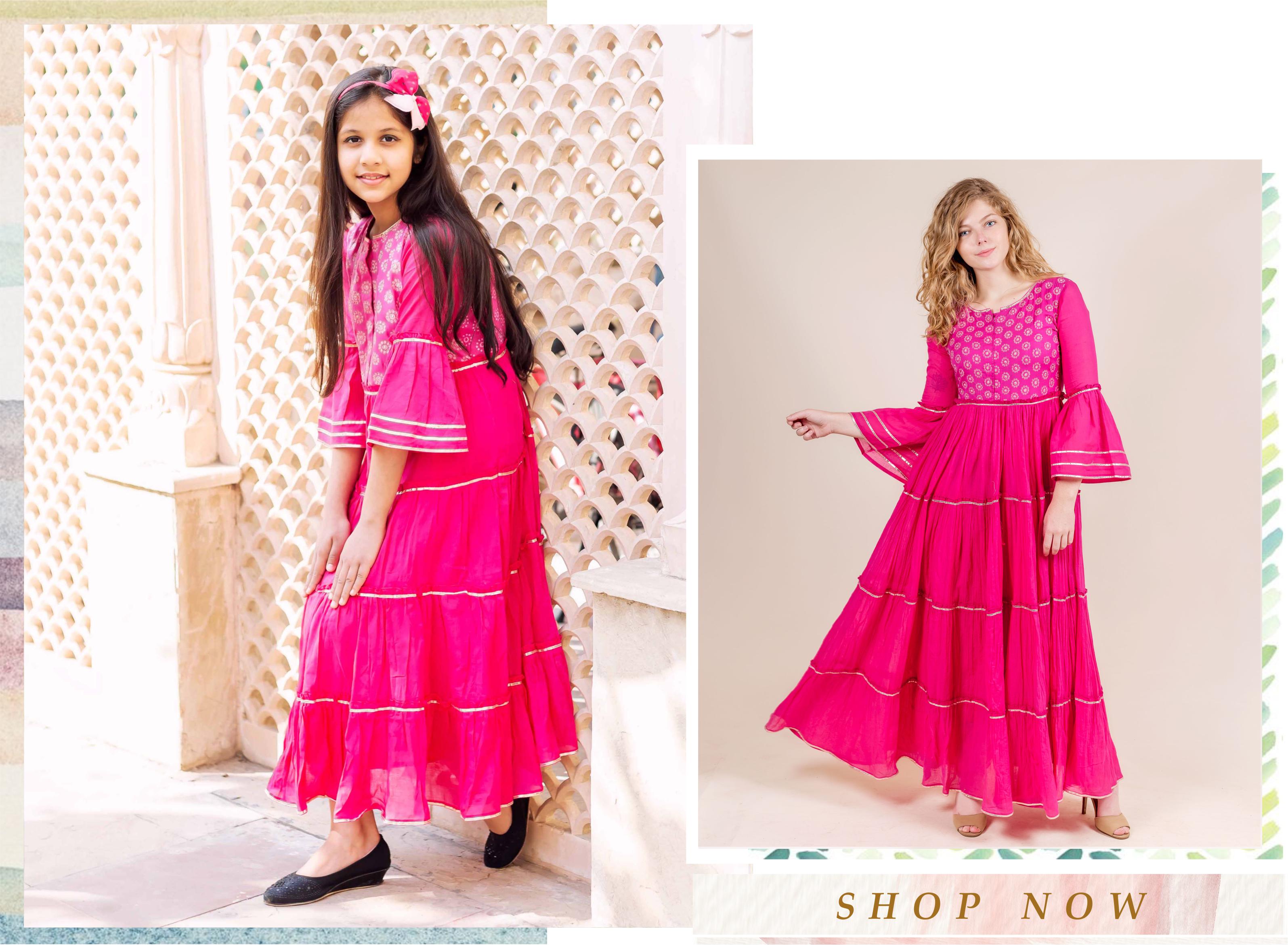 Fuchsia Full Bell Sleeves with Gota Trim Cotton Dress